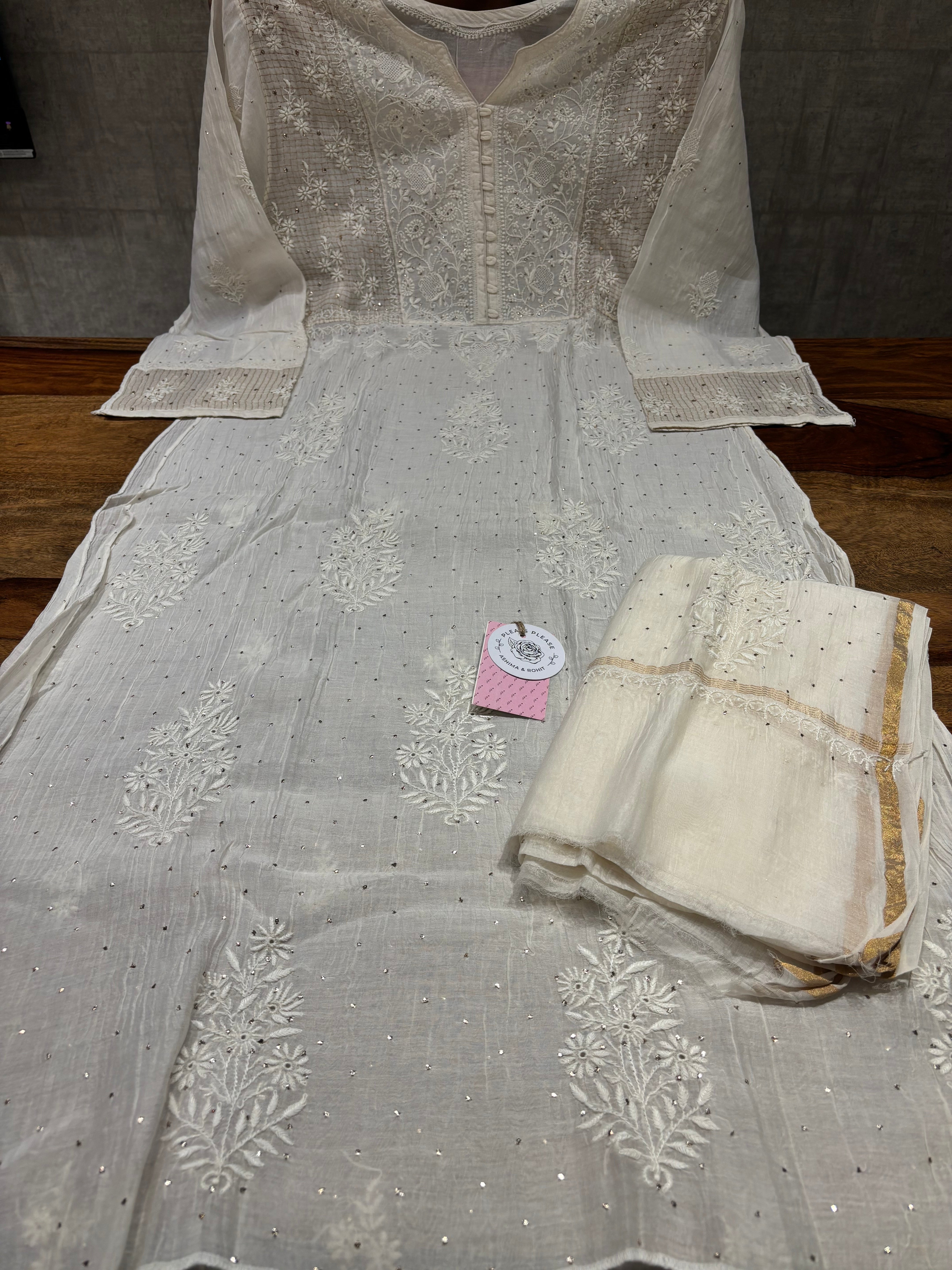 Dyeable Chanderi Mul Chikankari & Mukaish Kurta & Dupatta Set