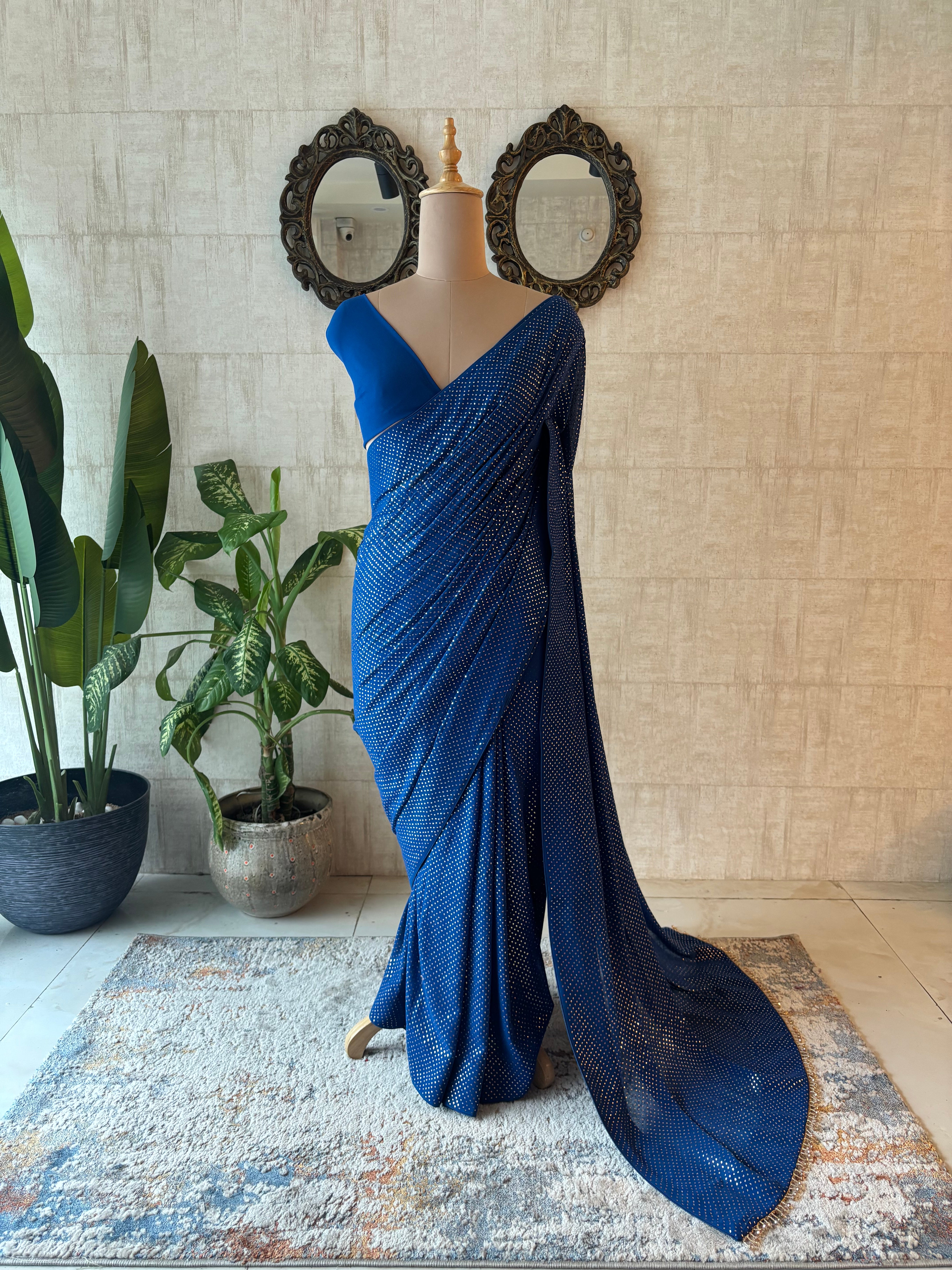 Electric Blue Pure & Premium Georgette Mukaish Saree & Blouse