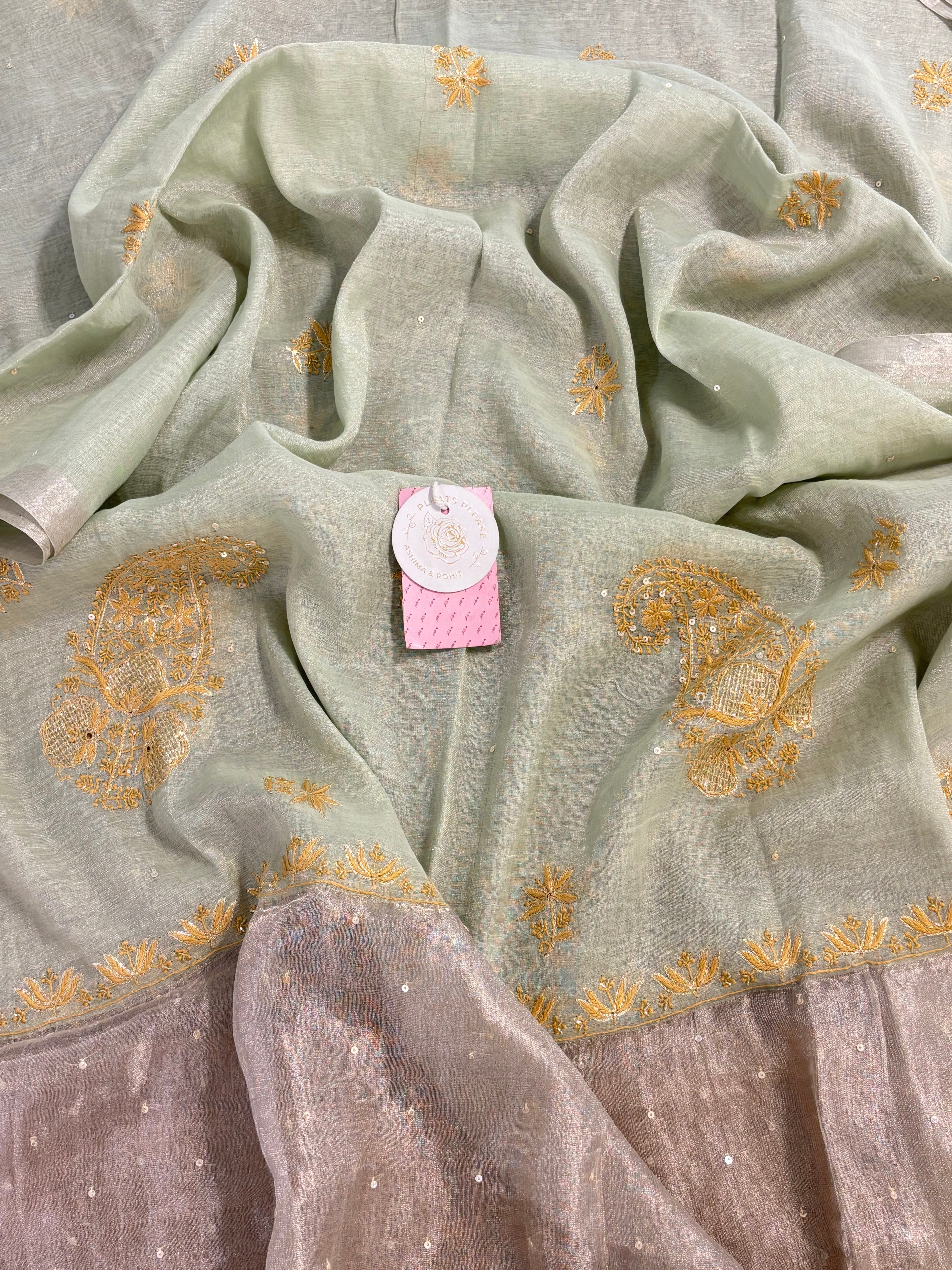 Pistachio Green Pure Tissue Chikankari Kurta & Dupatta - Pleats PleaseChikankari