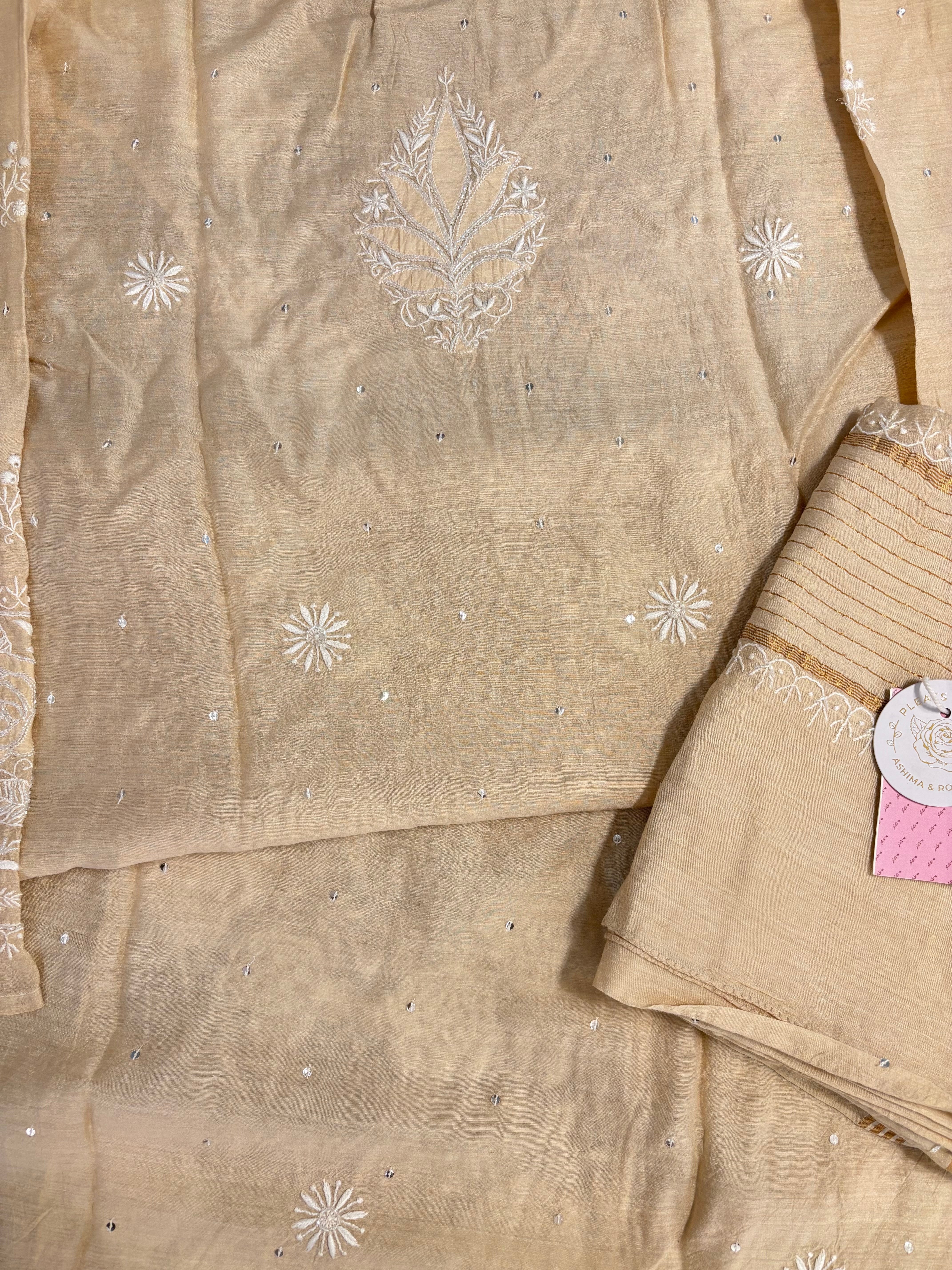 Dyeable Monga Silk Chikankari Kurta & Dupatta - Pleats PleaseChikankari