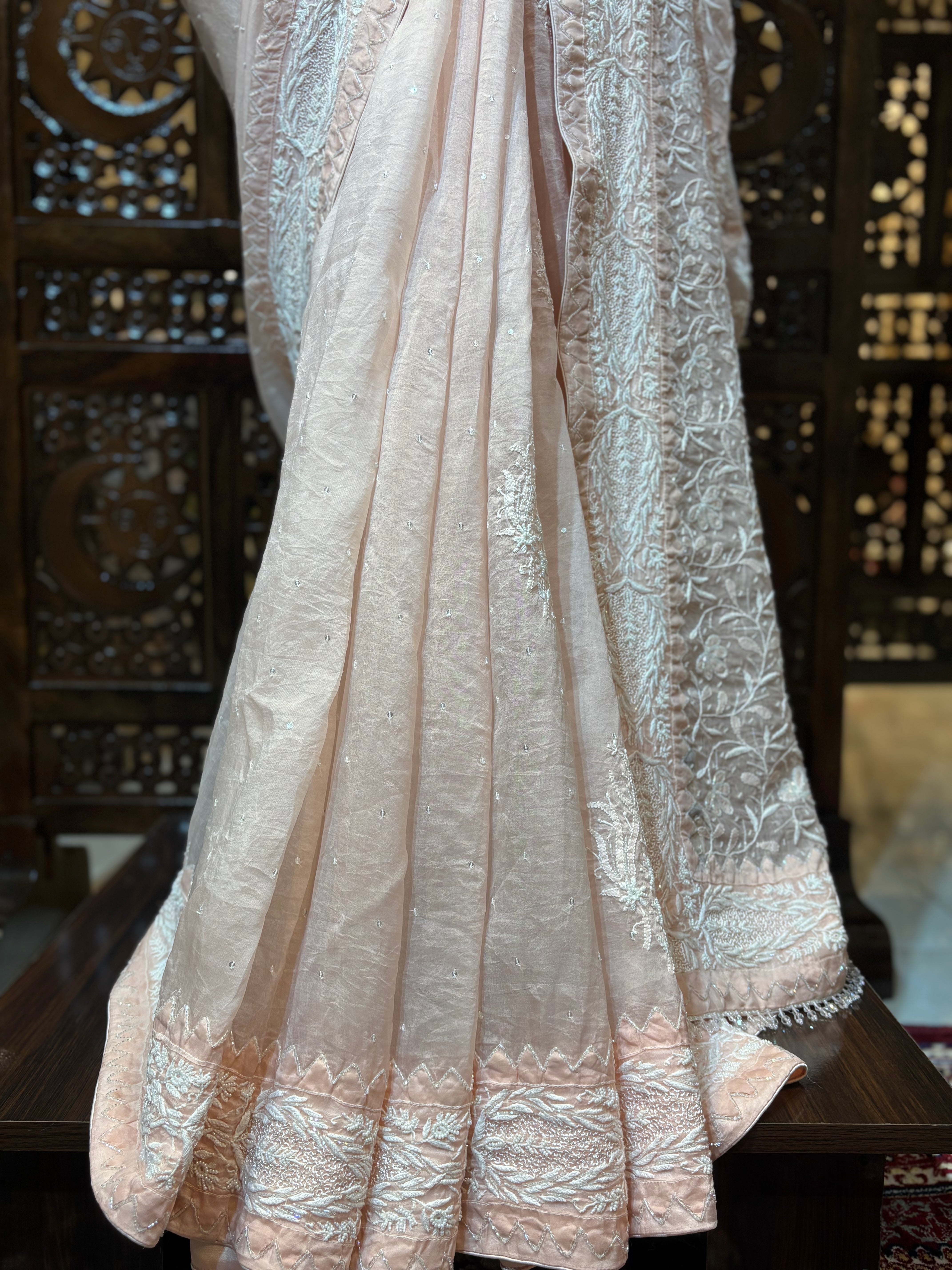 Blush Pink Organza Silk Chikankari Saree and Blouse - Pleats PleaseChikankari