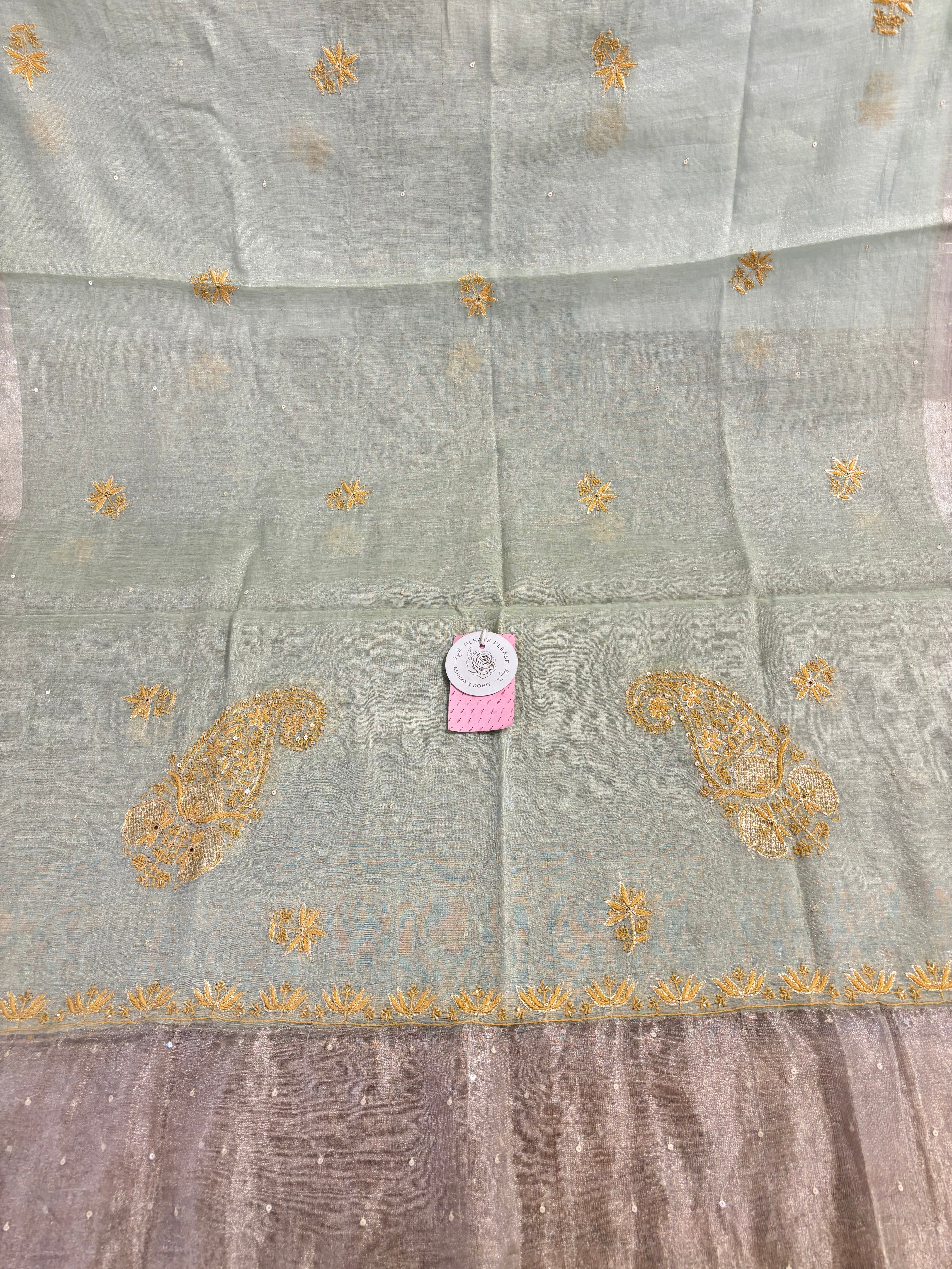 Pistachio Green Pure Tissue Chikankari Kurta & Dupatta - Pleats PleaseChikankari