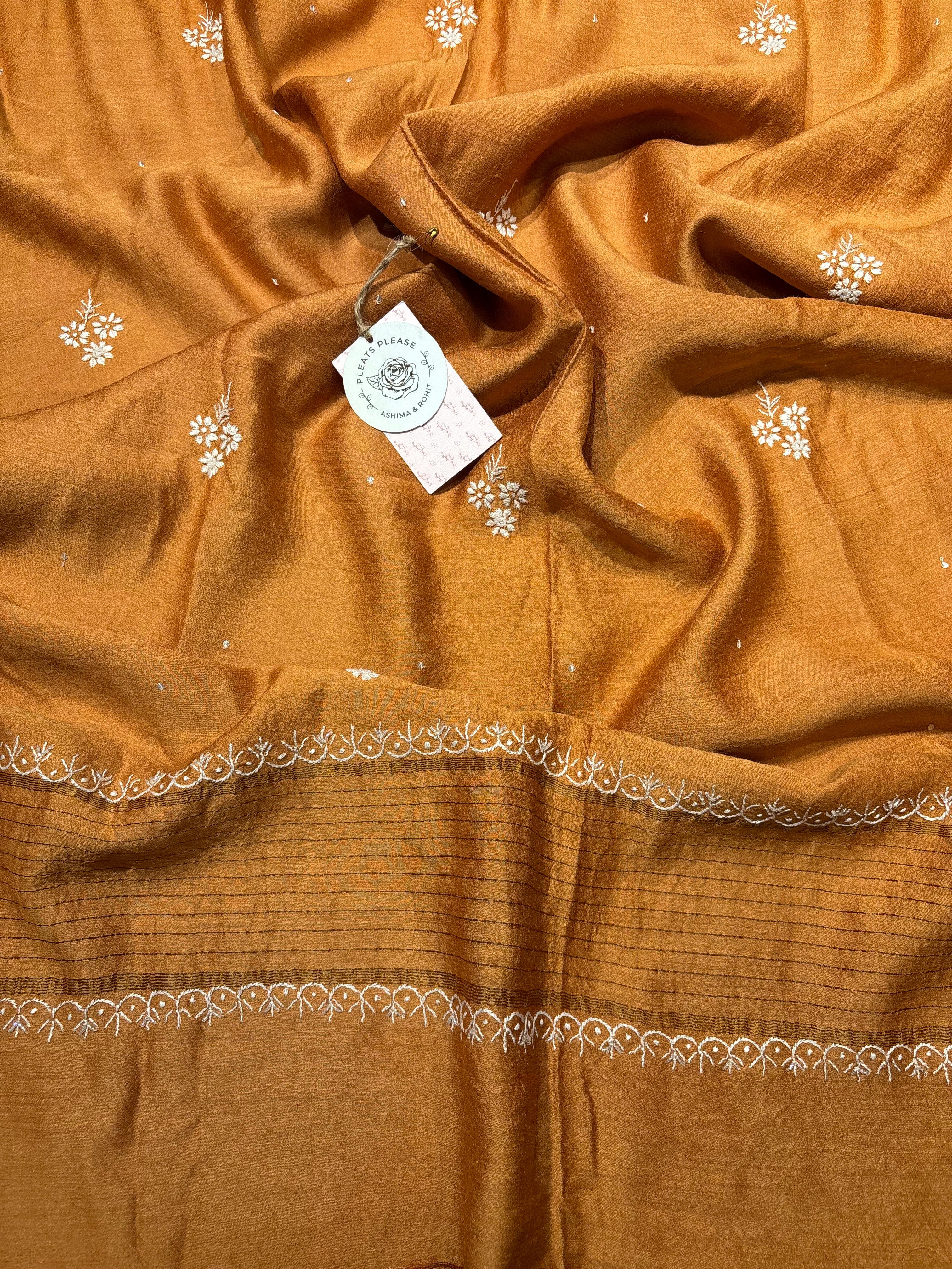 Burnt Orange Pure Monga Silk Chikankari Kurta and Dupatta