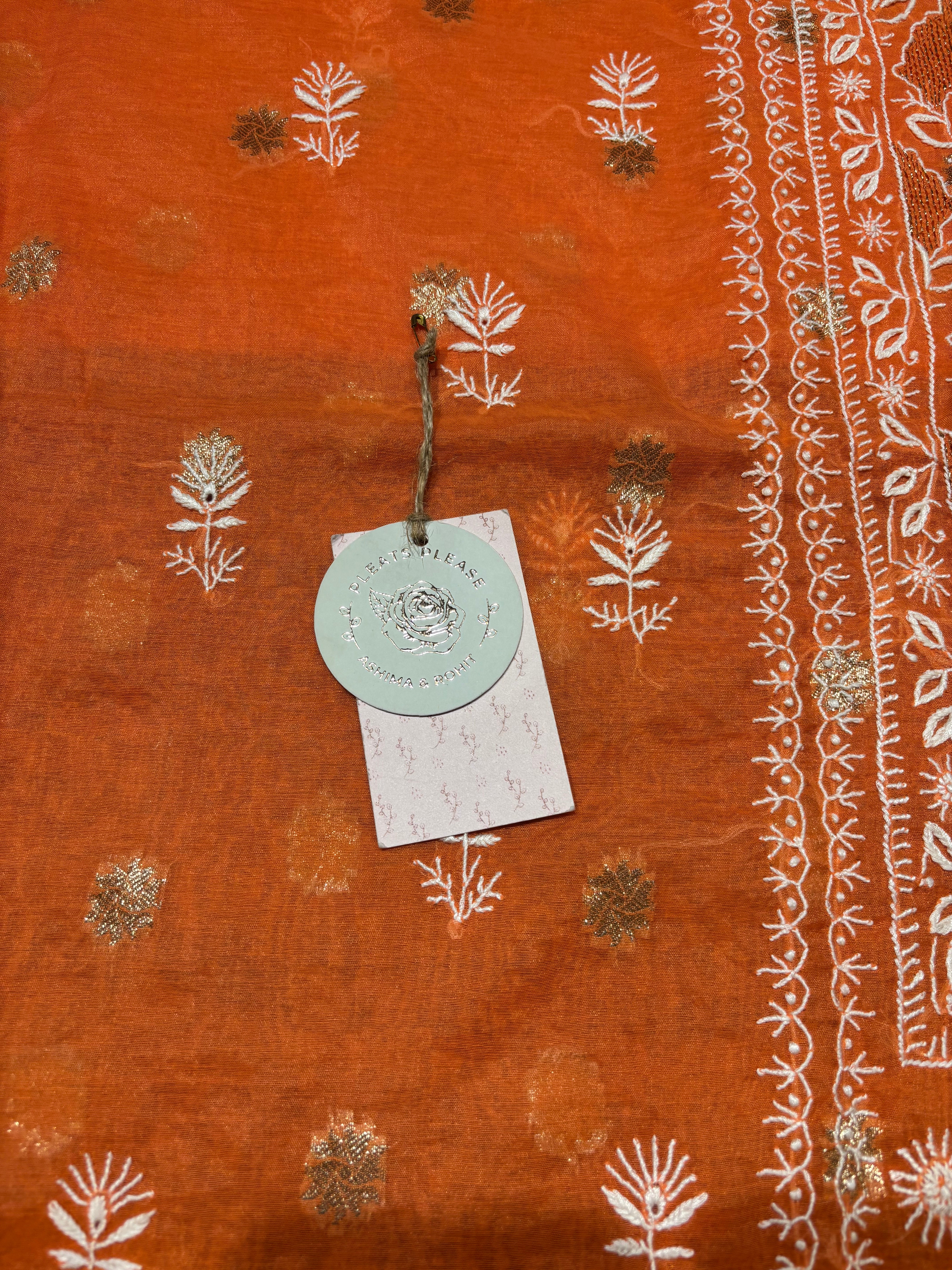 Burnt Orange Chanderi Silk Chikankari Kurta And Dupatta Fabric