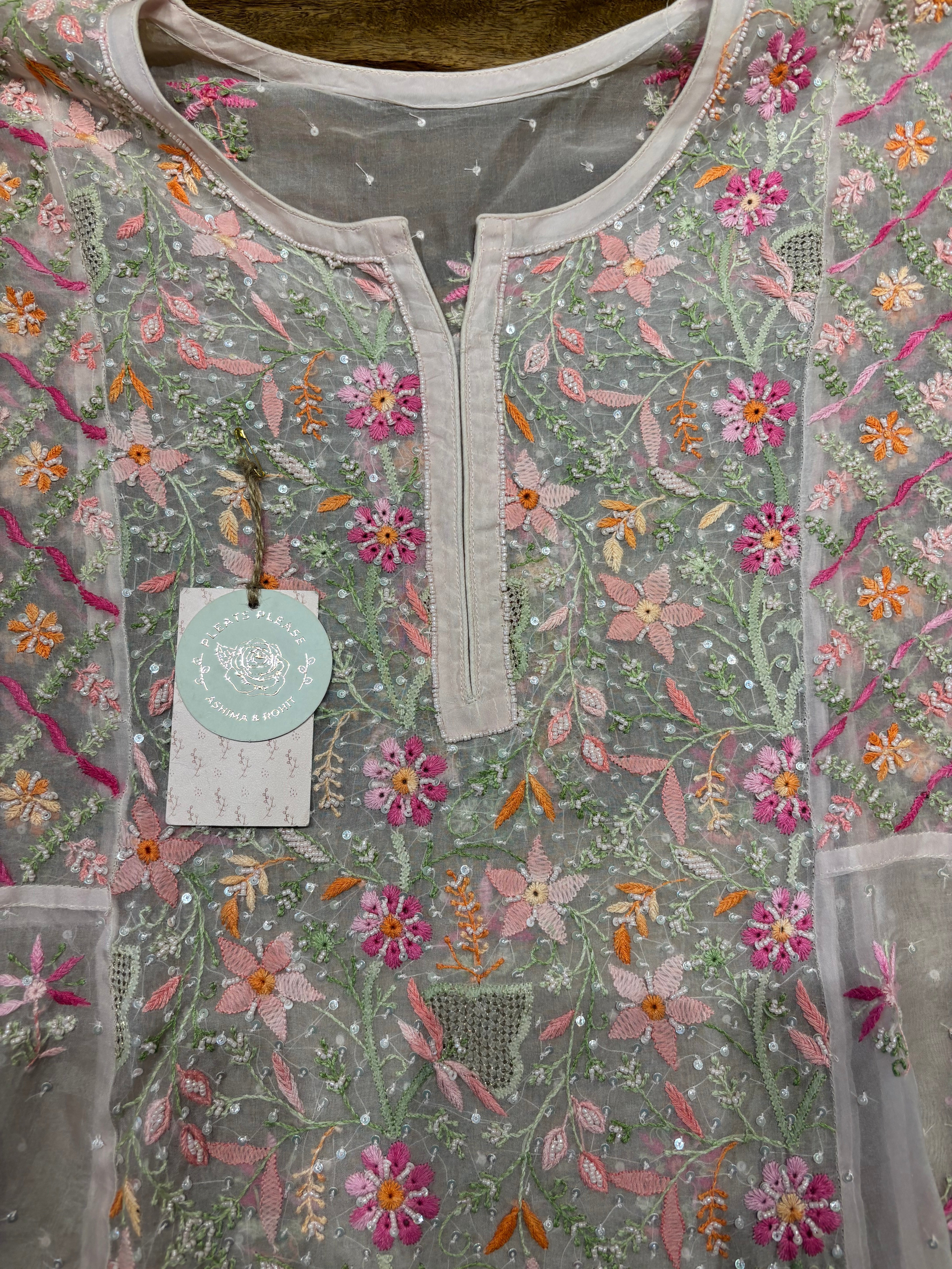 Pink Organza Chikankari Anarkali and Dupatta set