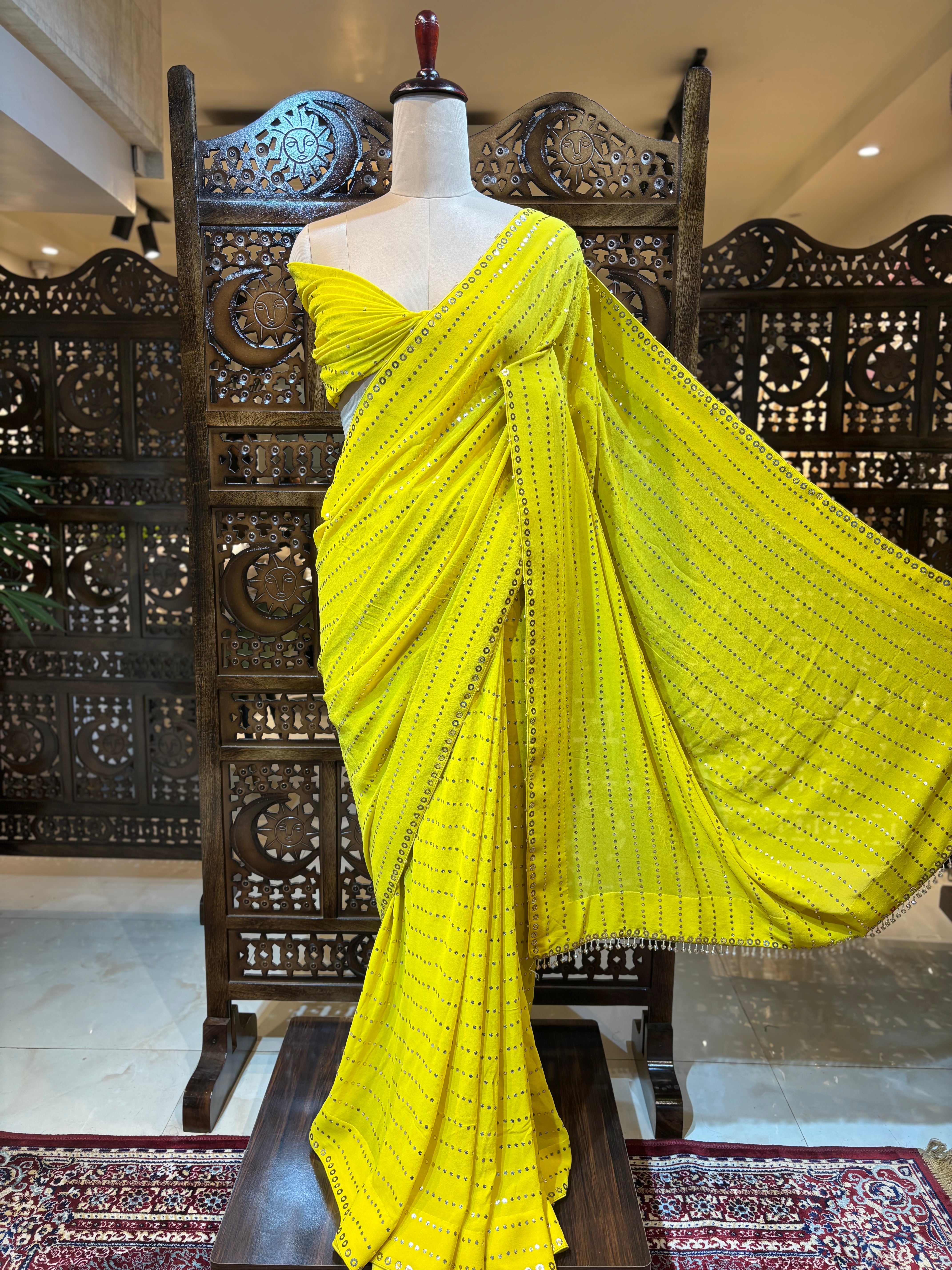 Dhaani Green Pure & Premium Georgette Mukaish Saree & Blouse - Pleats PleaseChikankari