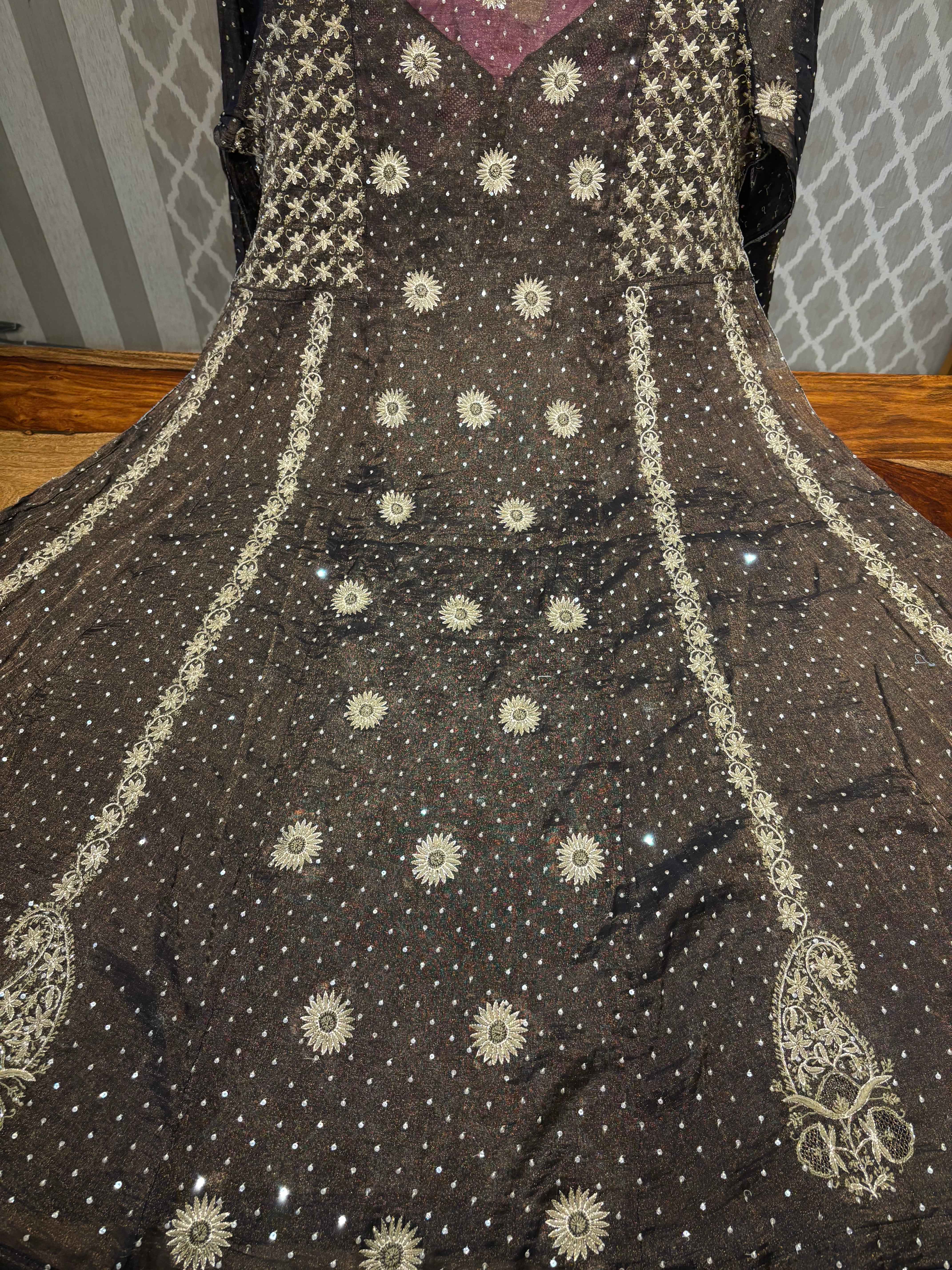 Black Pure Tissue Anarkali And Dupatta set - Pleats PleaseChikankari