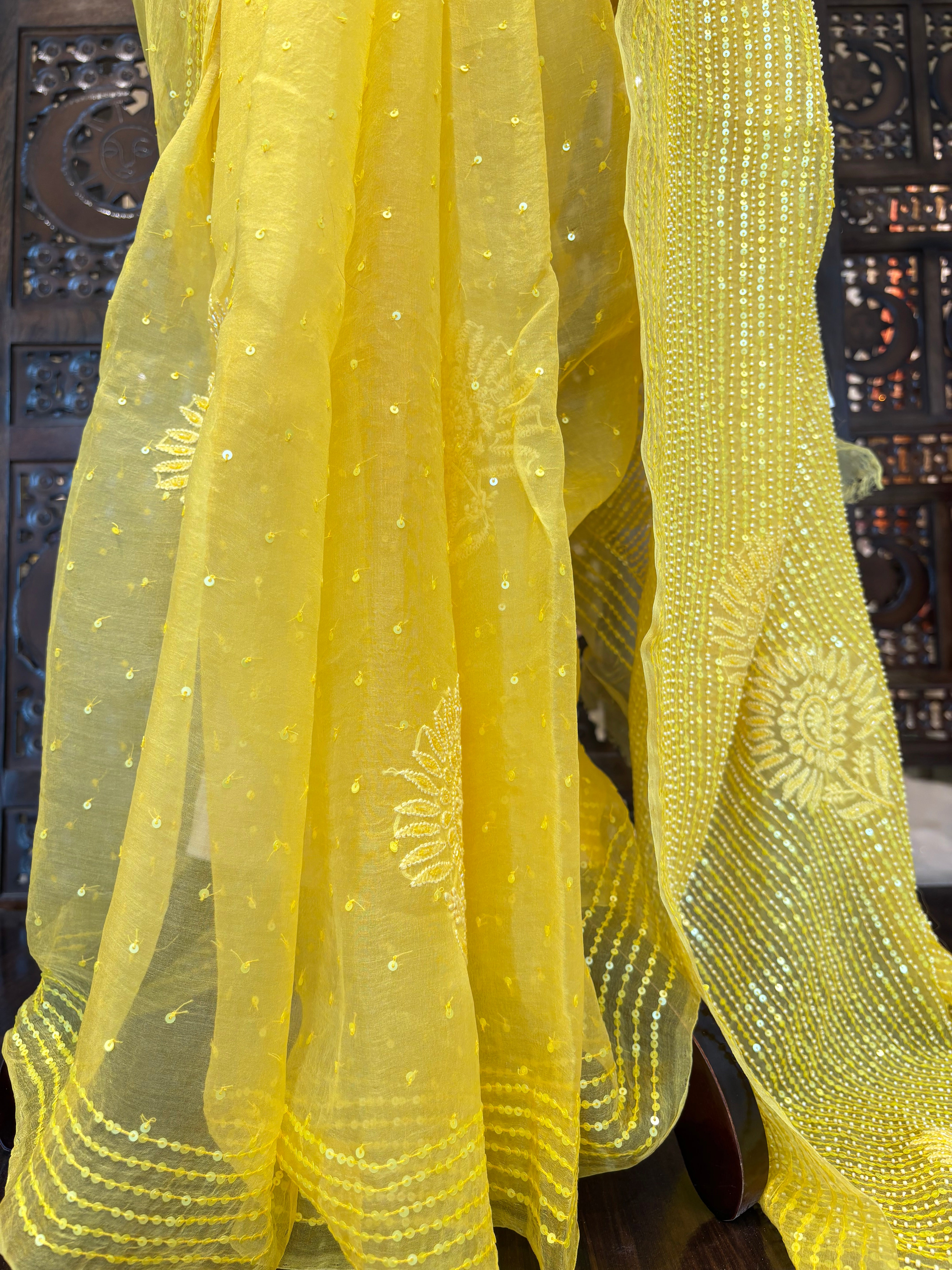Yellow Pure Organza Chikankari Saree