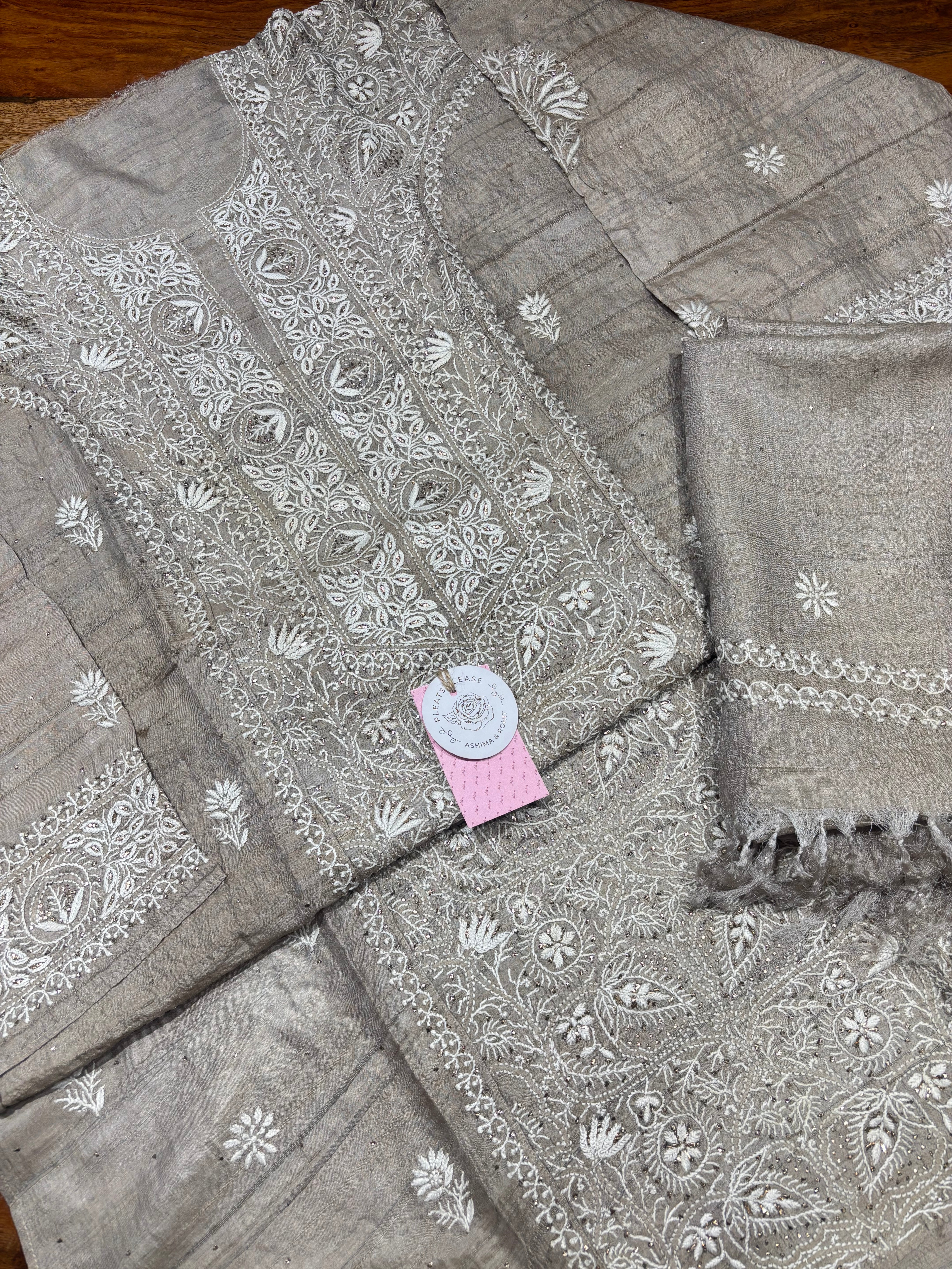 Charcoal Gray Pure & Premium Tussar Silk Chikankari & Mukaish Kurta & Dupatta Set