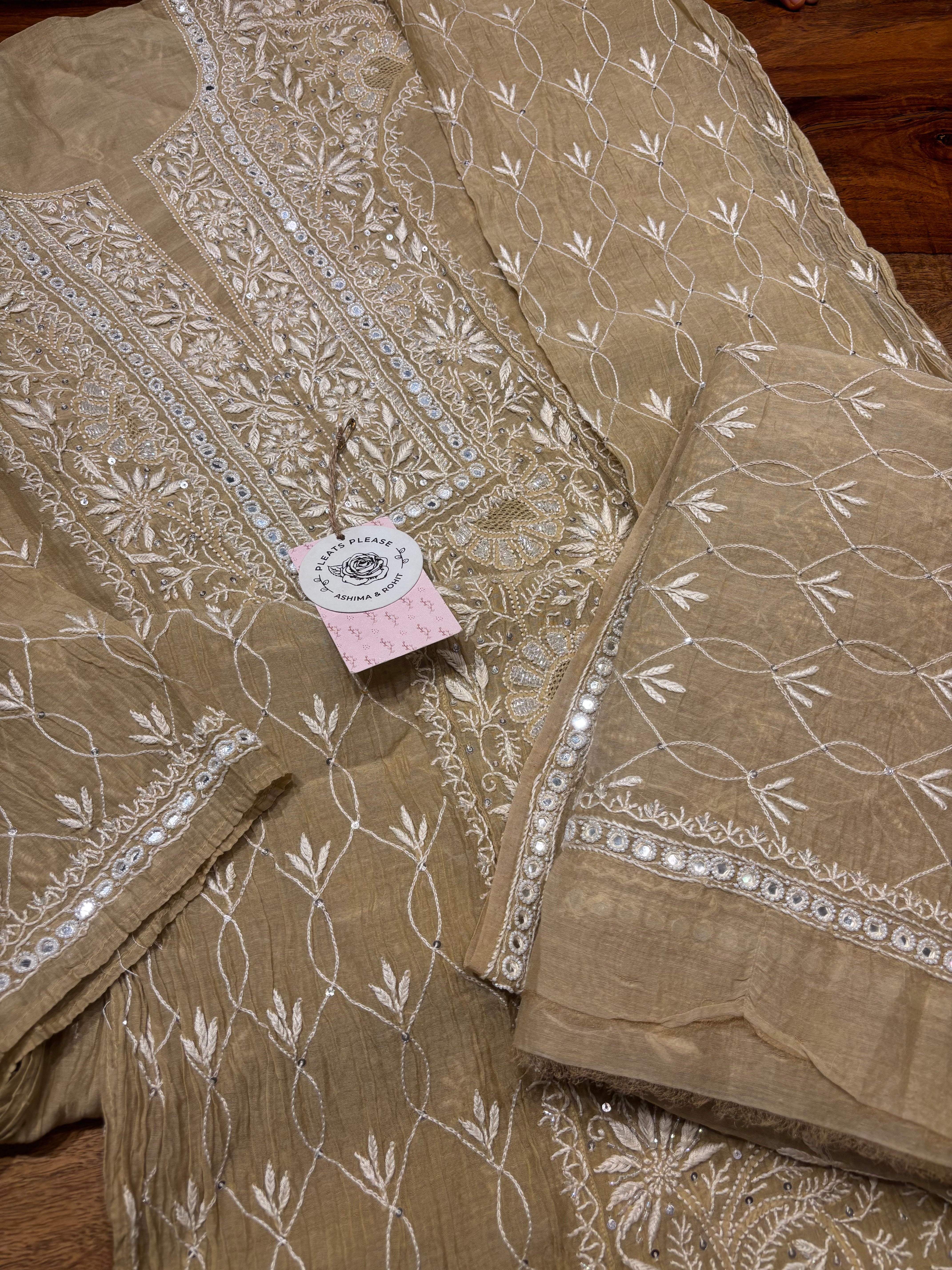 Golden Chanderi Mul Chikankari Kurta and Dupatta set