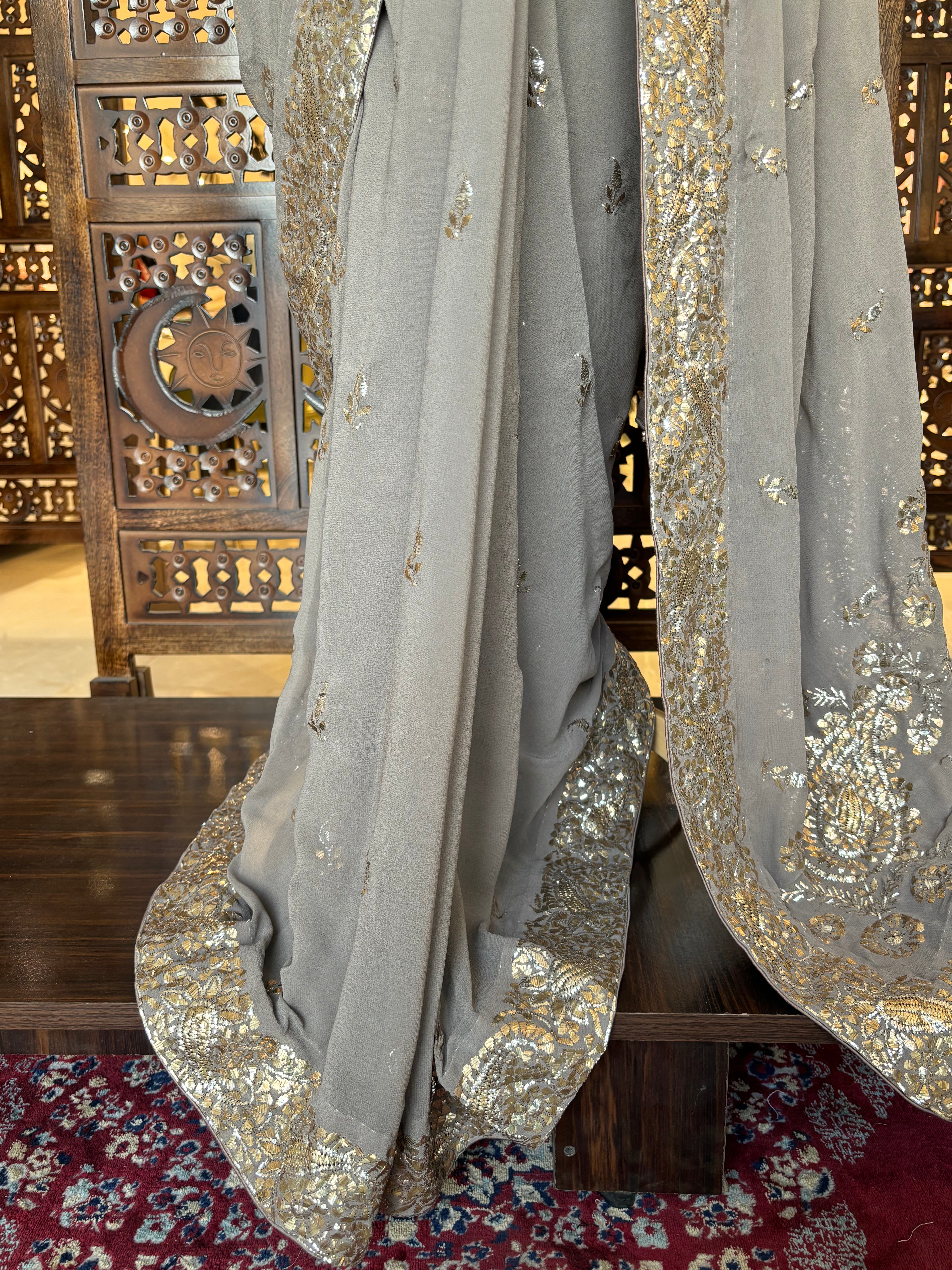 Ash brown Pure & Premium Georgette Badla Mukaish Saree & Blouse - Pleats PleaseChikankari