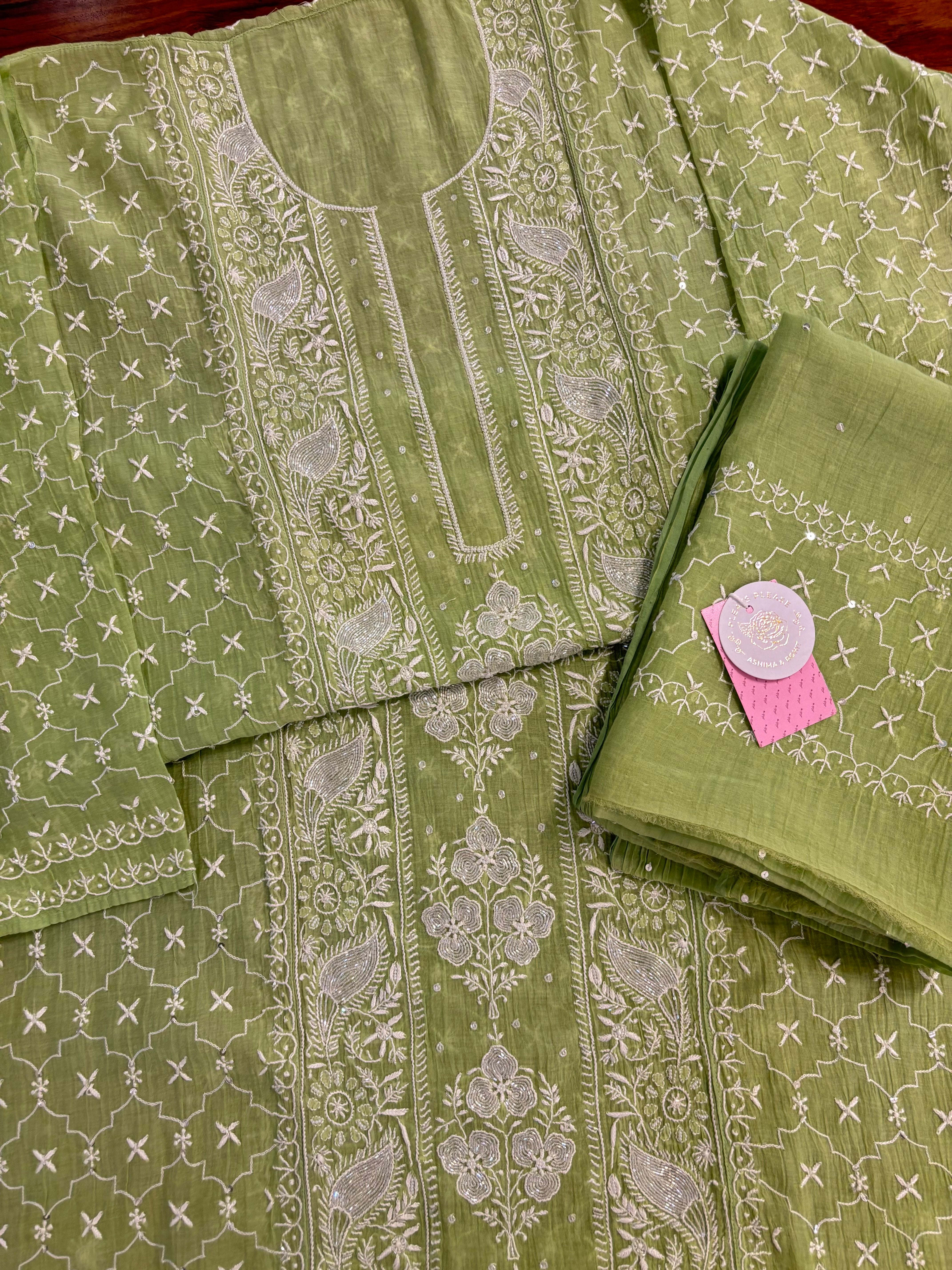 Green Chanderi Chikankari Kurta & Dupatta