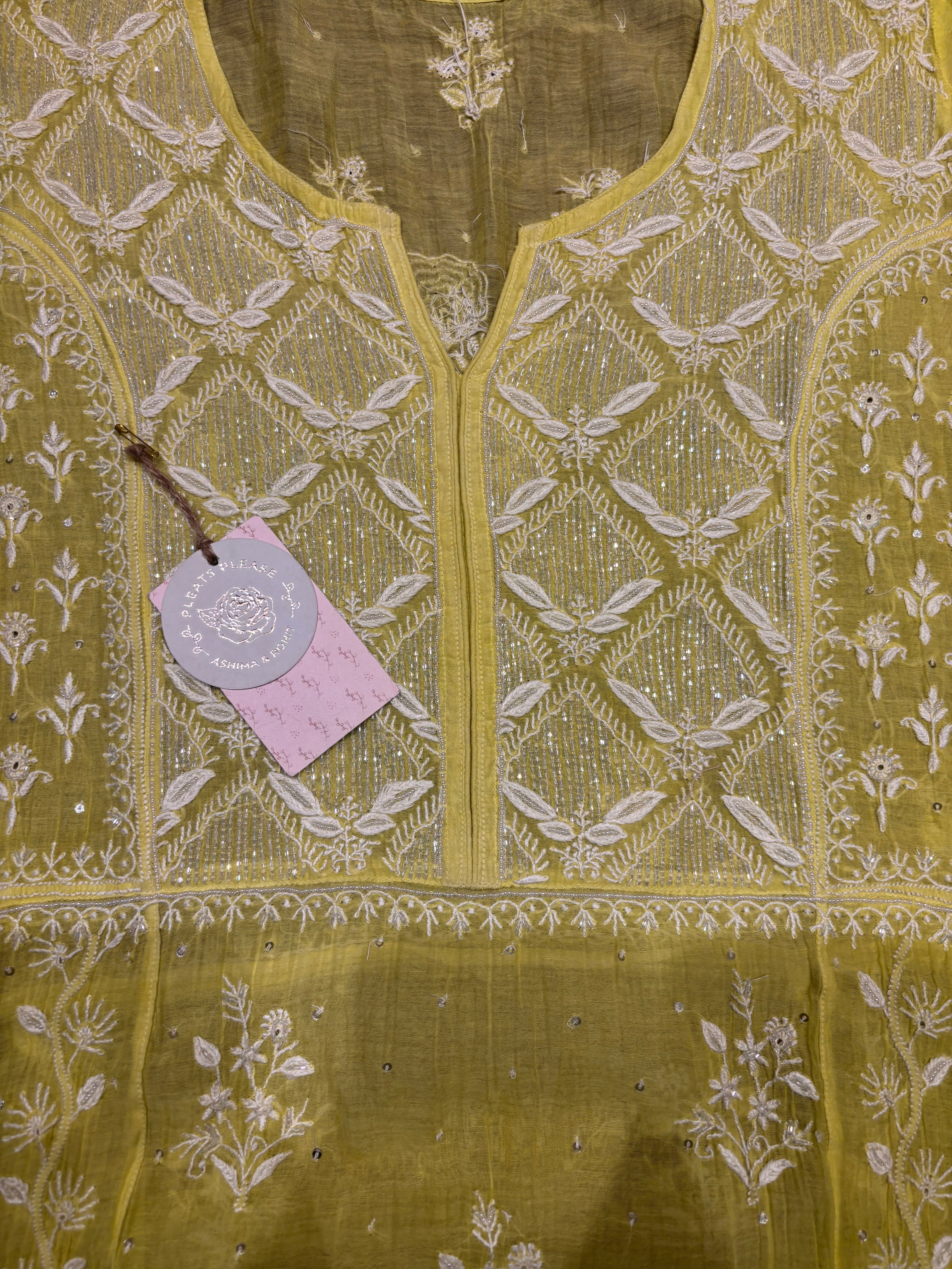 Neon Green Chanderi Mul Chikankari Kurta and Dupatta