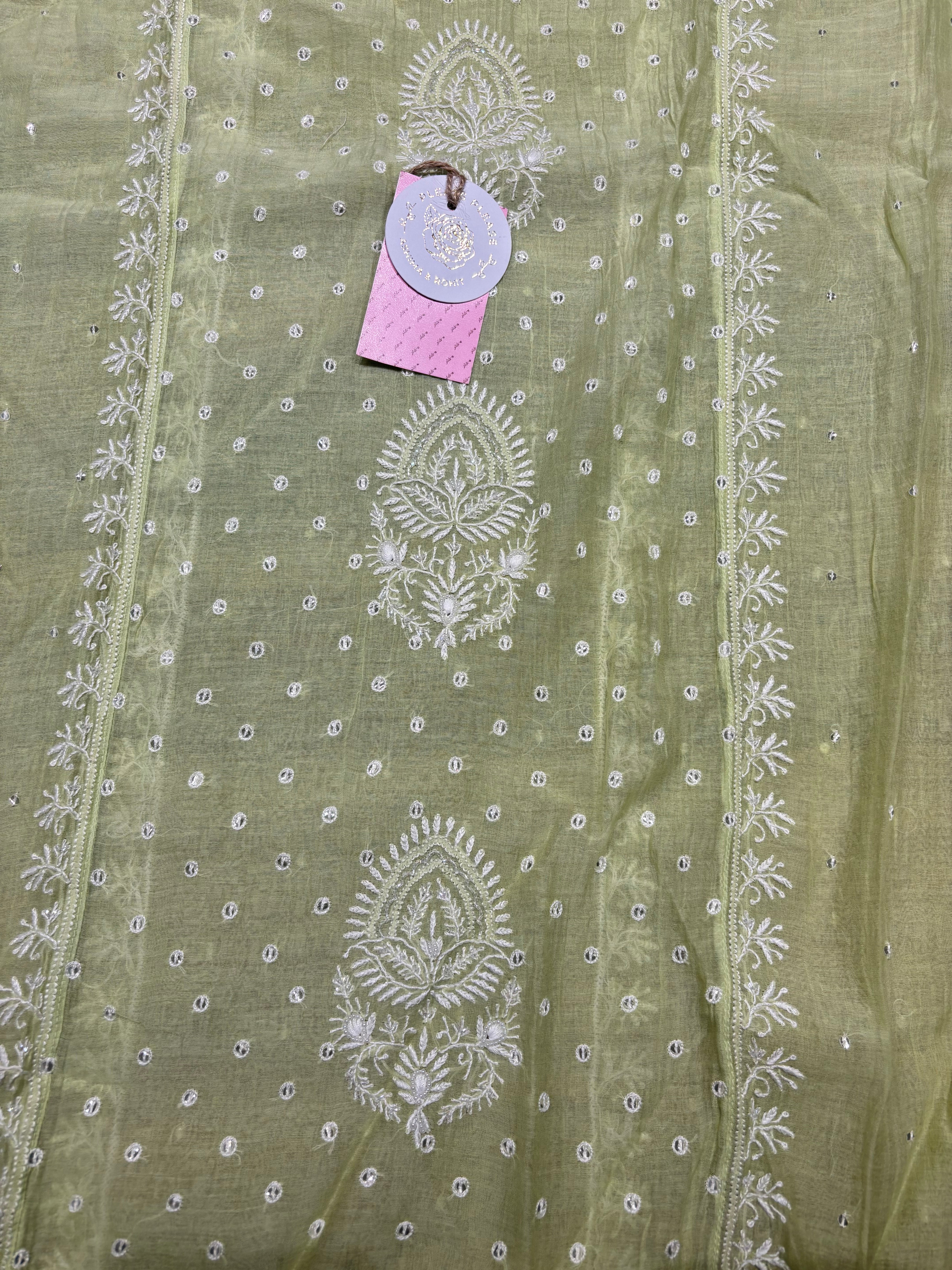 Green Chanderi mul Chikankari kurta and Dupatta set