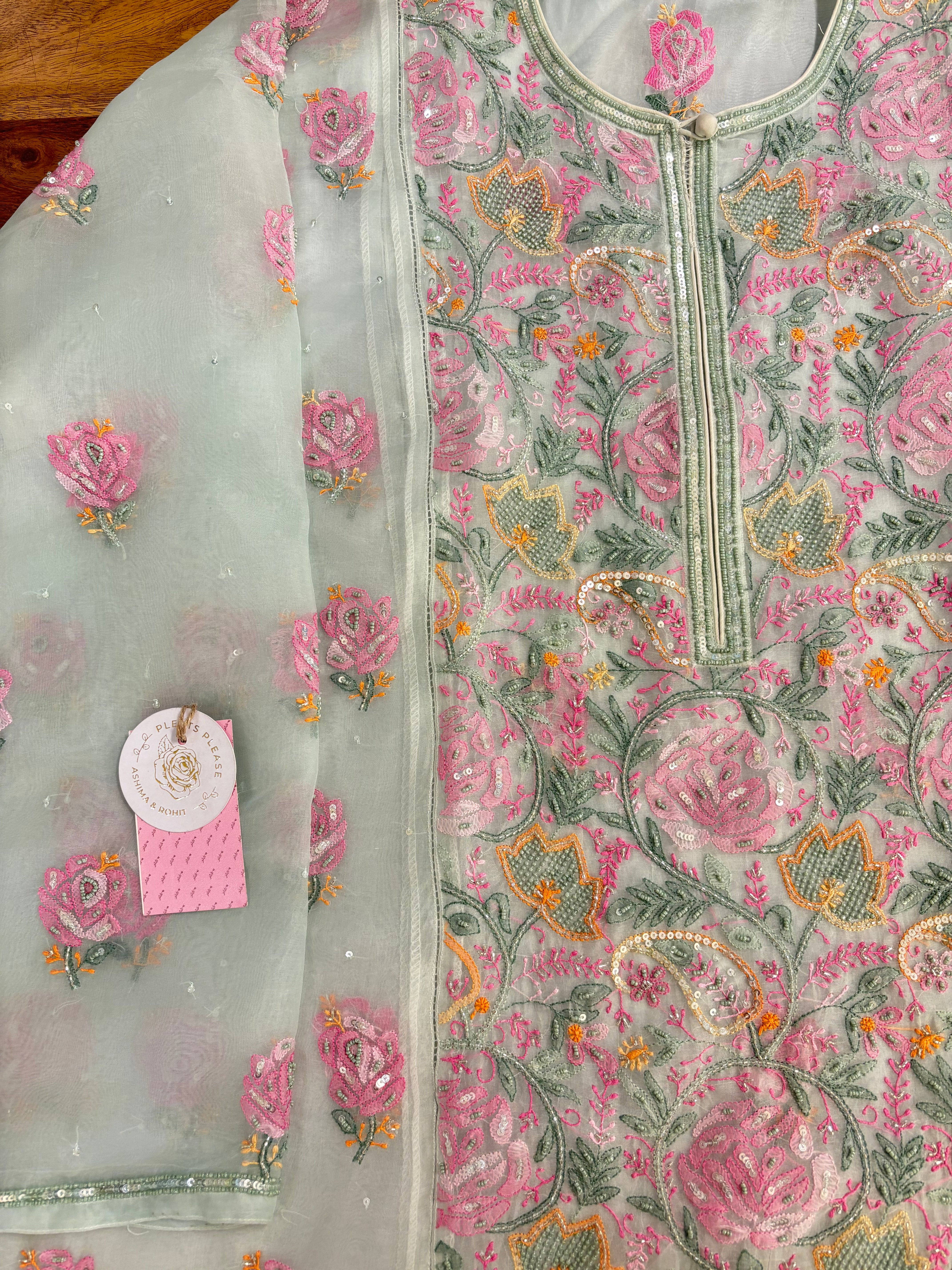 Ice Green Pure Organza Chikankari Kurta & Dupatta
