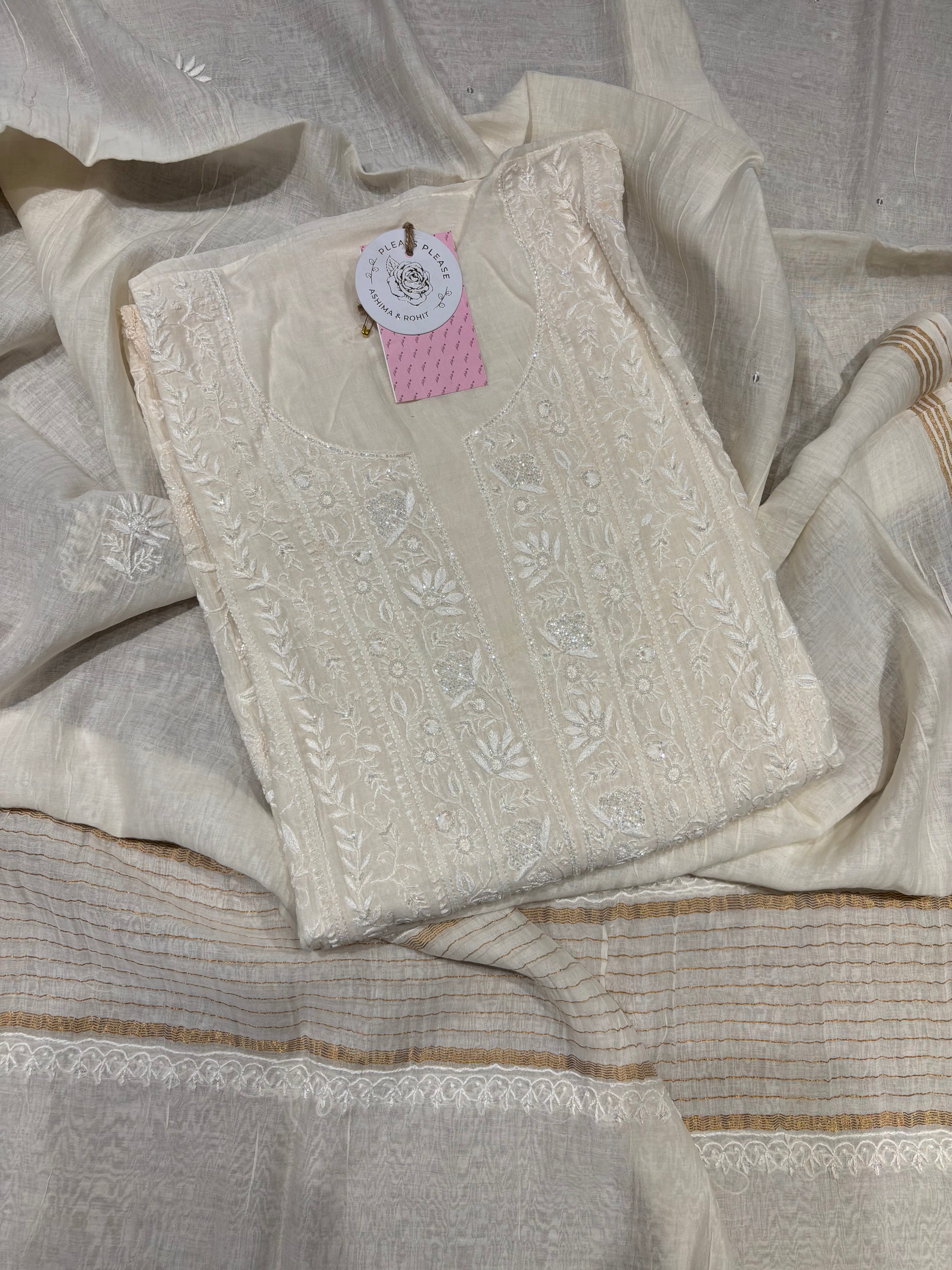 Dyeable Chanderi Mul Chikankari Kurta and Dupatta Set
