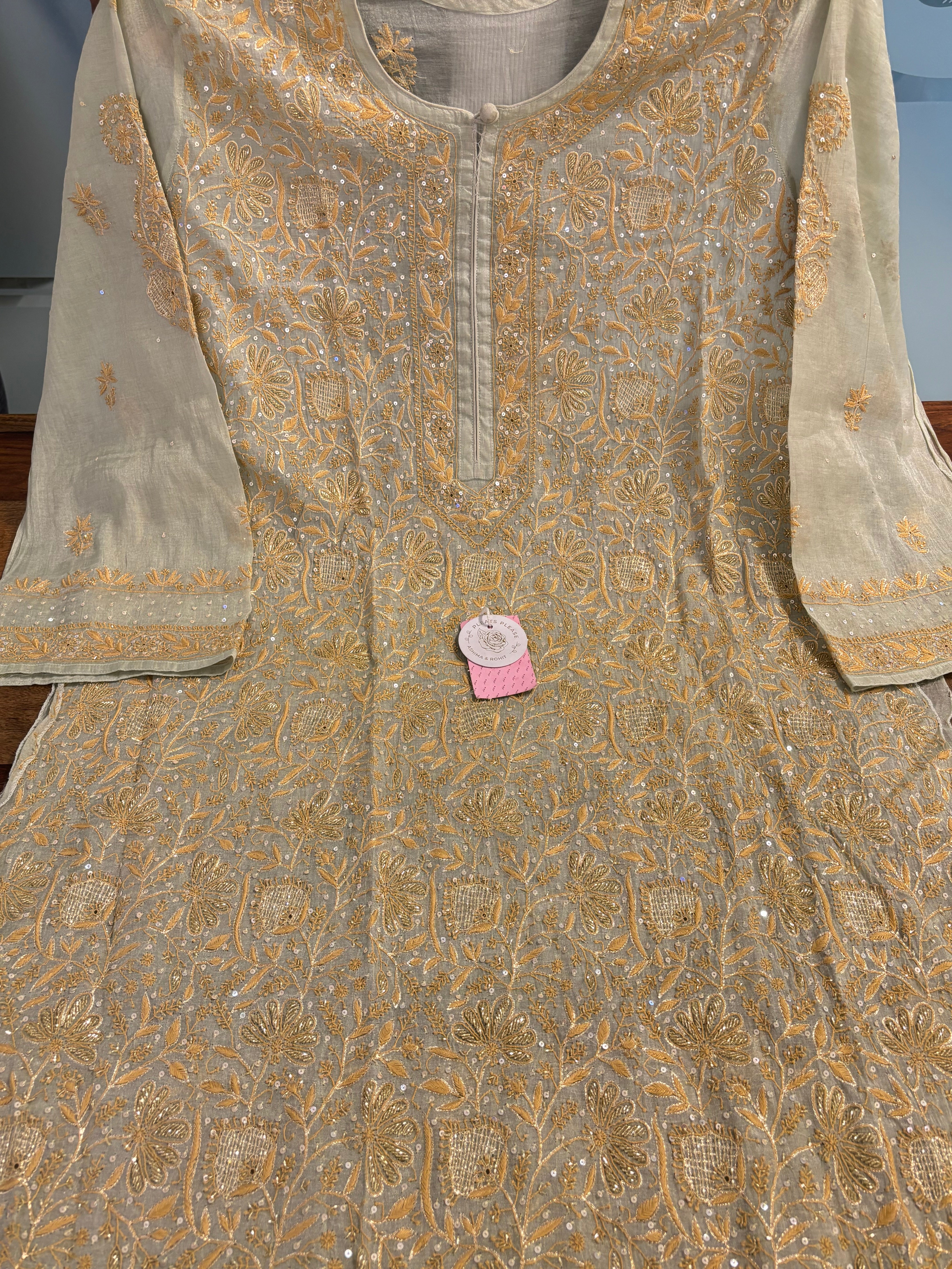 Pistachio Green Pure Tissue Chikankari Kurta & Dupatta - Pleats PleaseChikankari