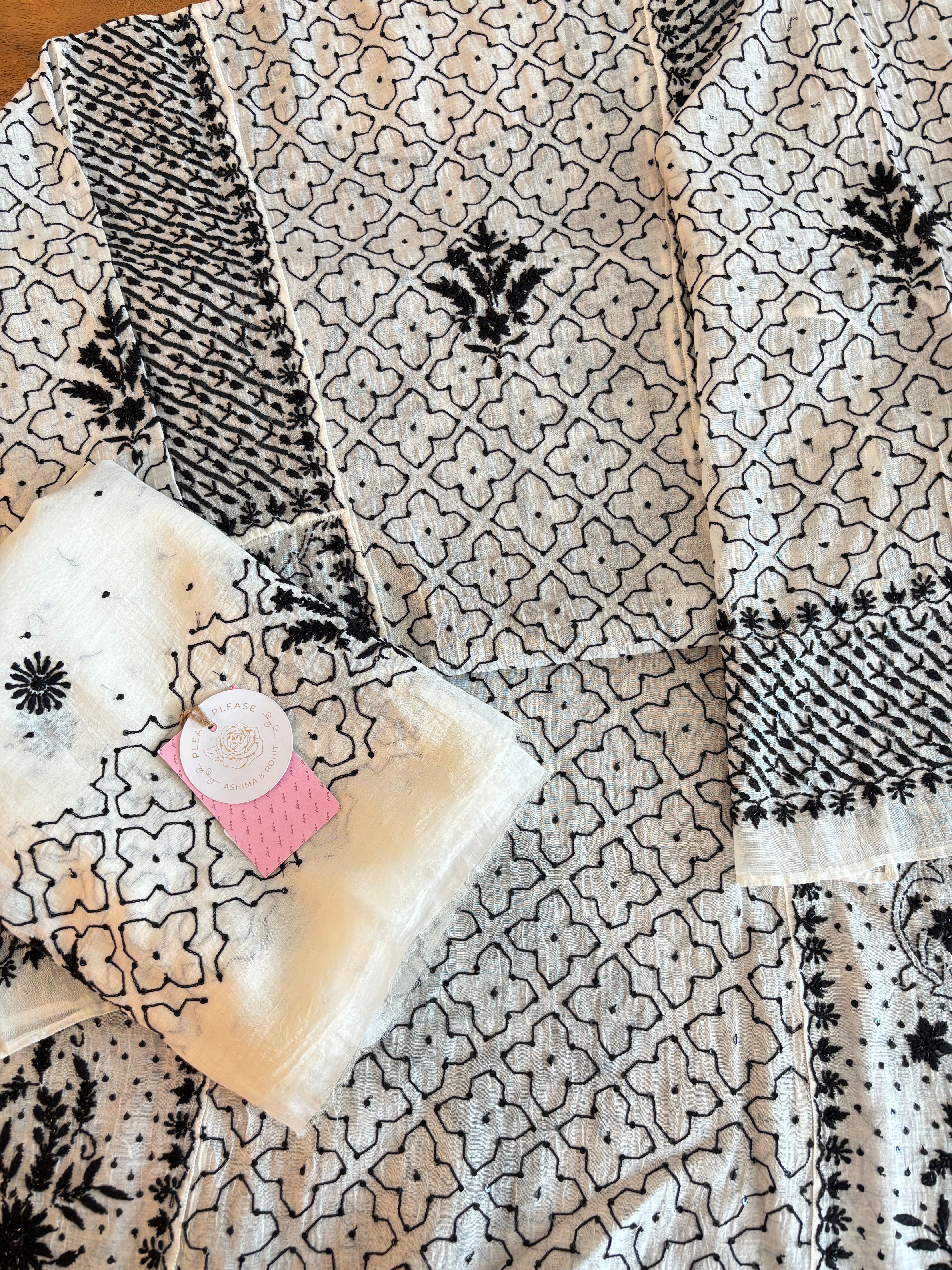 Dyeable Black and White Chanderi Mul Chikankari Anarkali & Dupatta