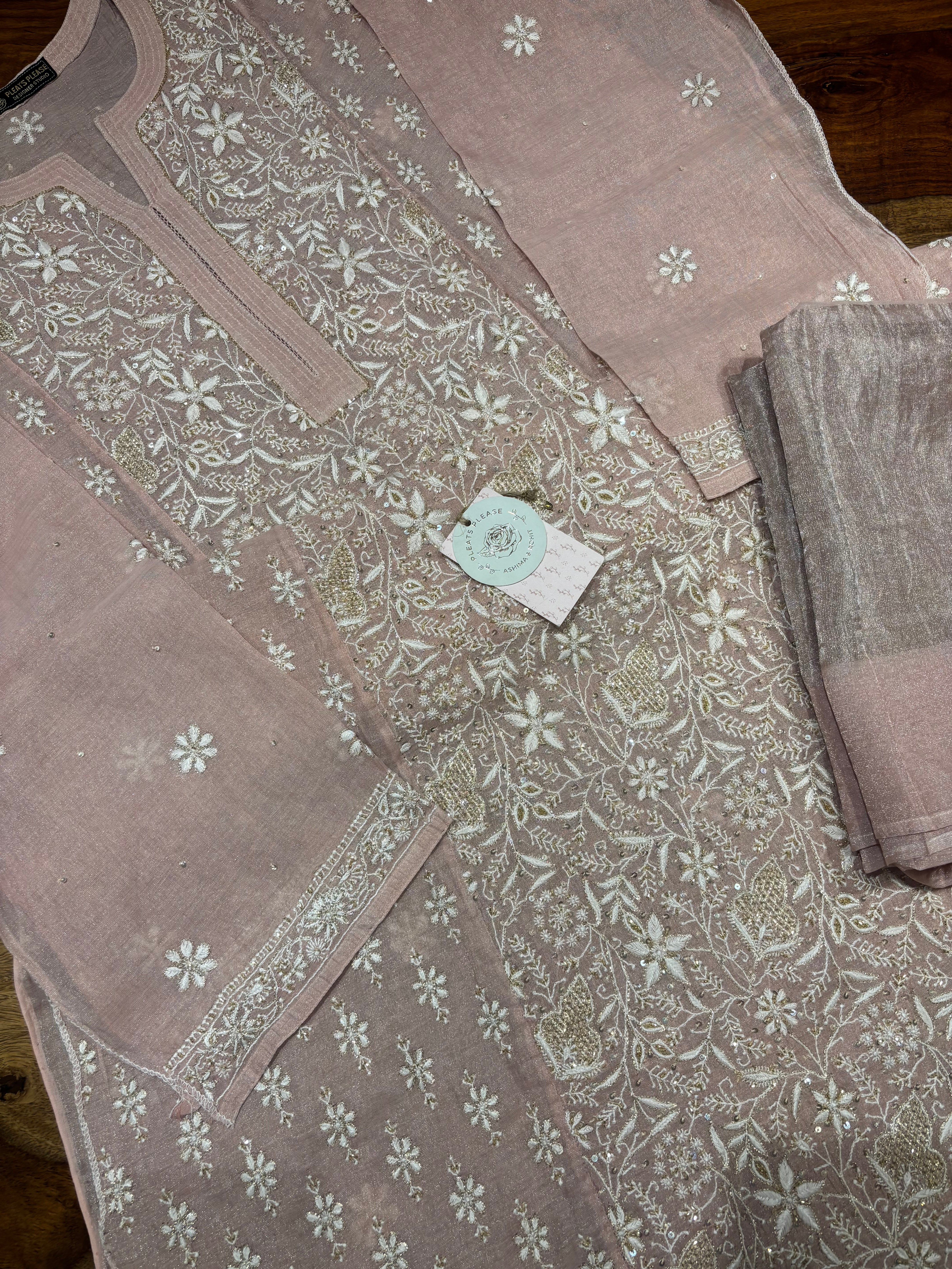 Pink Pure and Premium Silver Tissue Chikankari Kurta and Dupatta Set