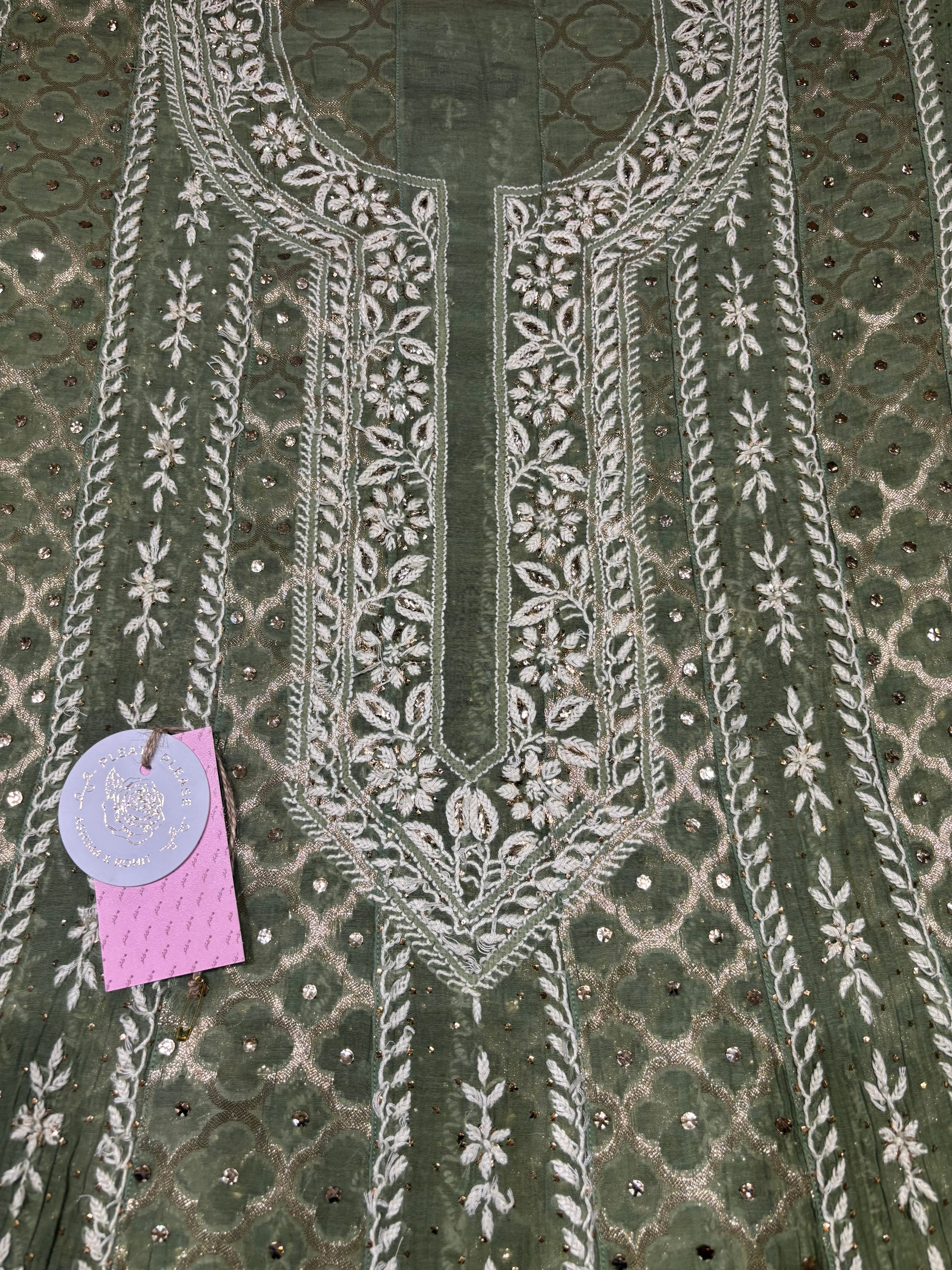 Olive Green Chanderi Mul Chikankari & Mukaish Anarkali & Dupatta Set