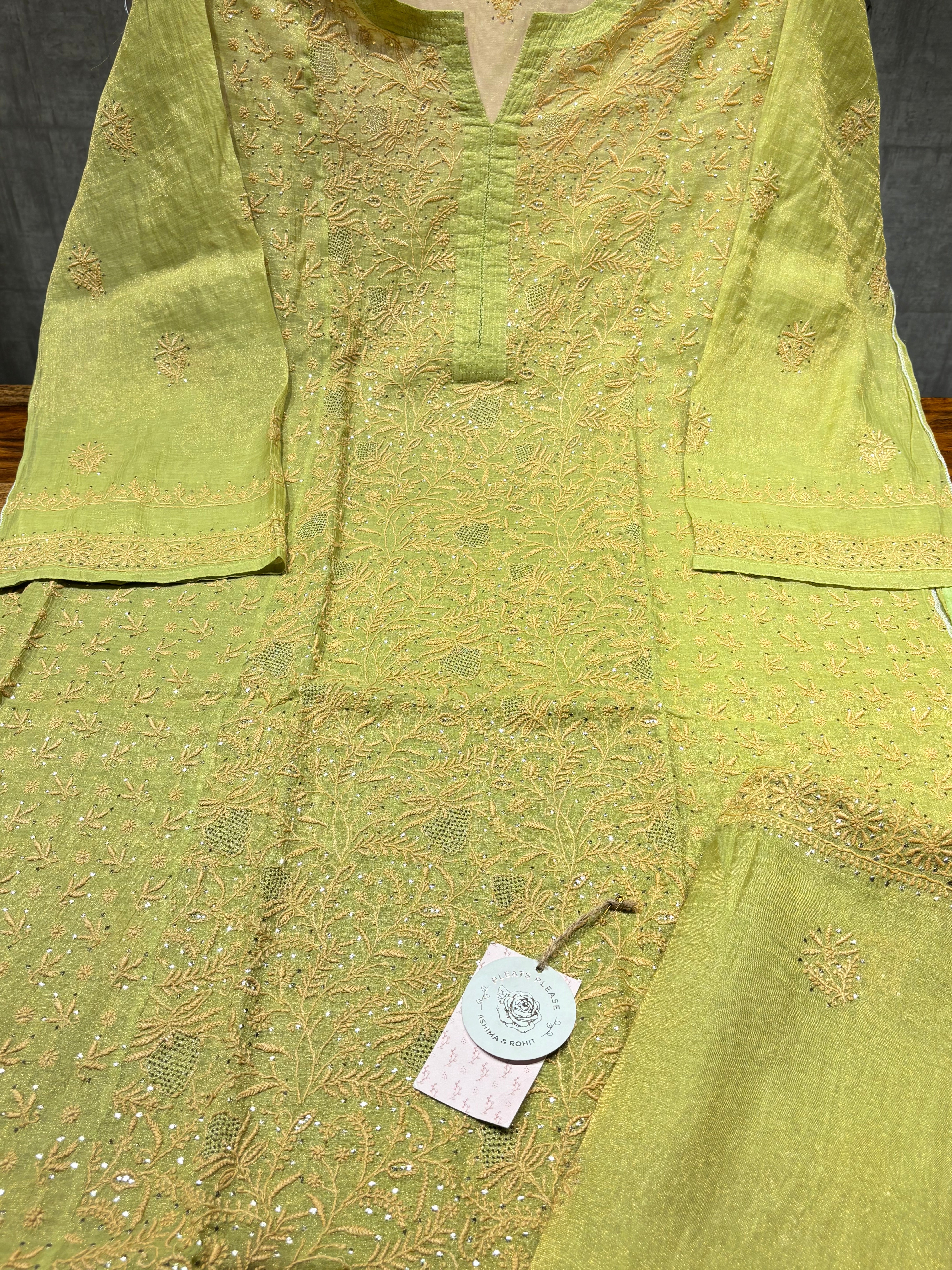 Green Pure And Premium Tissue Chikankari Kurta And Dupatta Set