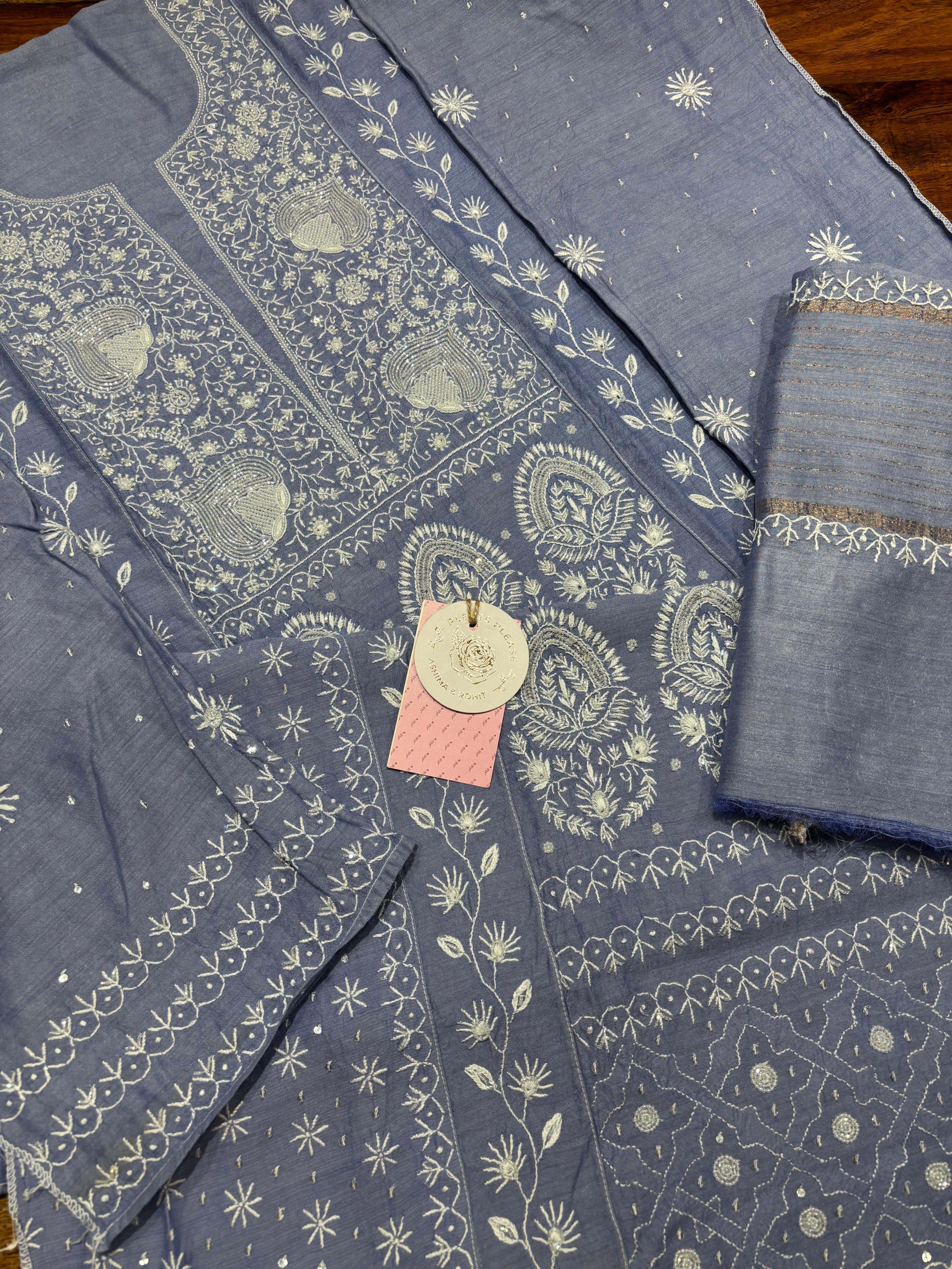 Blue pure Monga Silk Chikankari Kurta and Dupatta Set