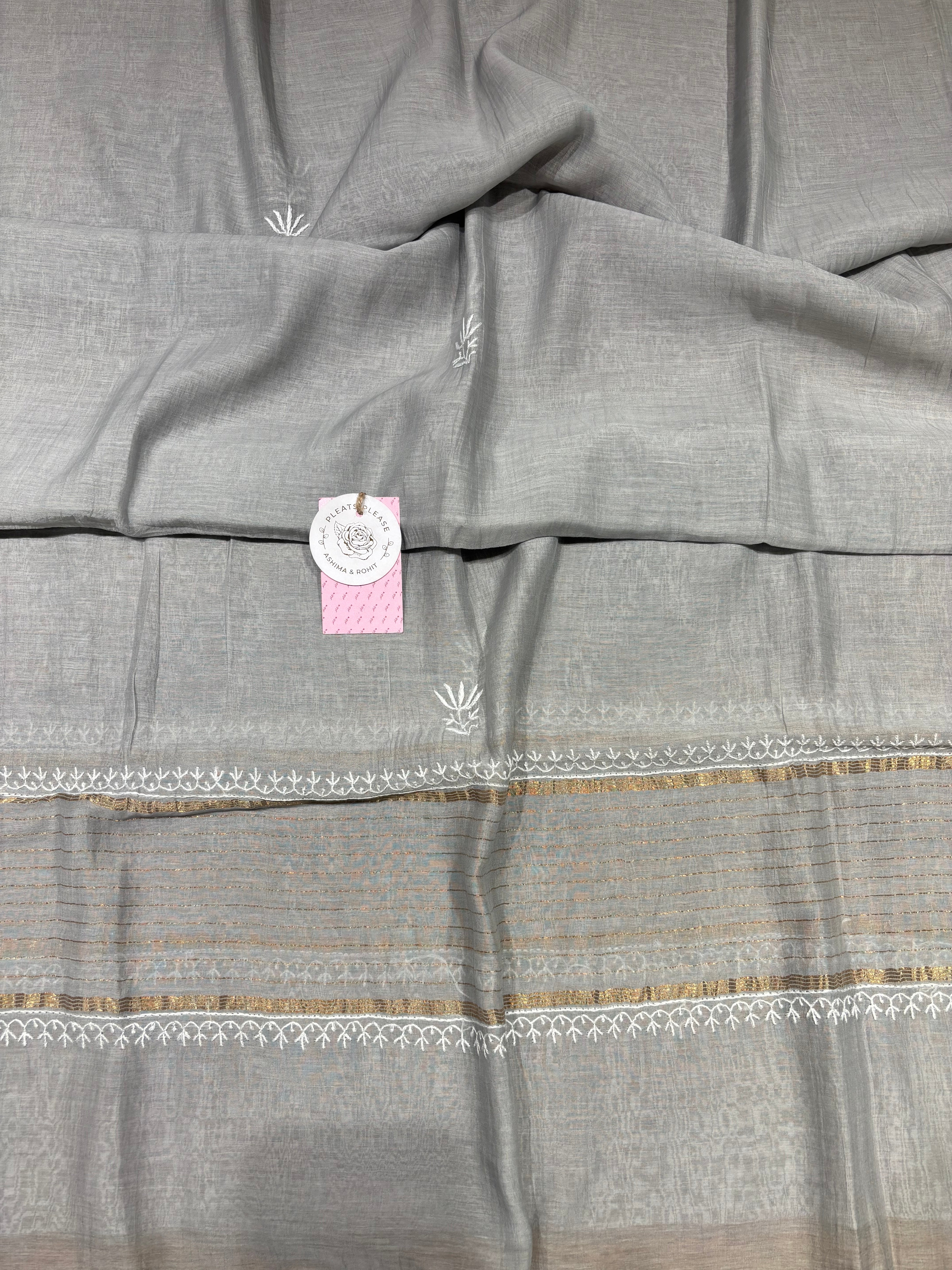 Gray Chanderi Mul Chikankari Kurta & Dupatta Set
