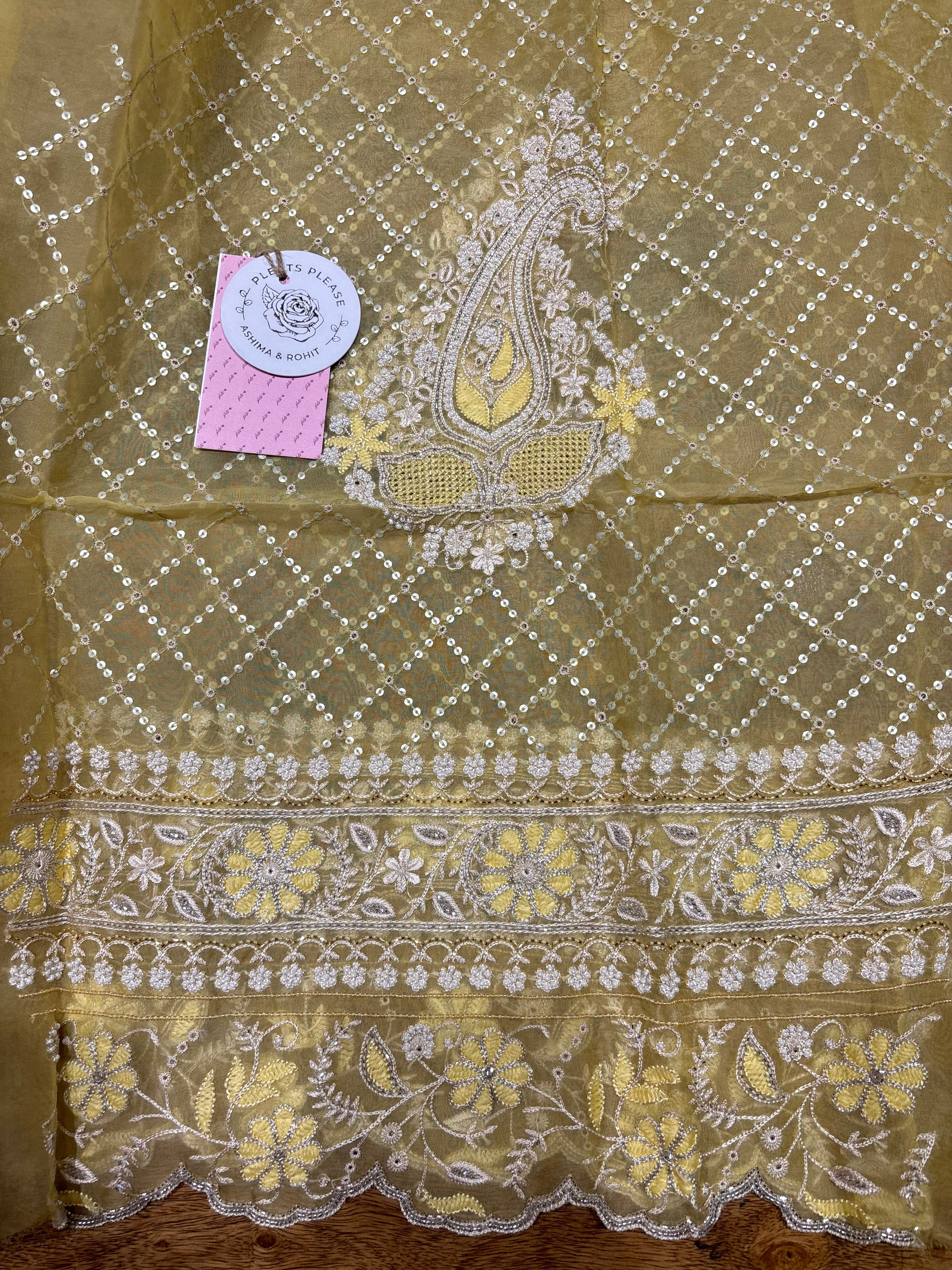 Yellow Pure & Premium Organza Silk Chikankari Kurta & Dupatta Fabric