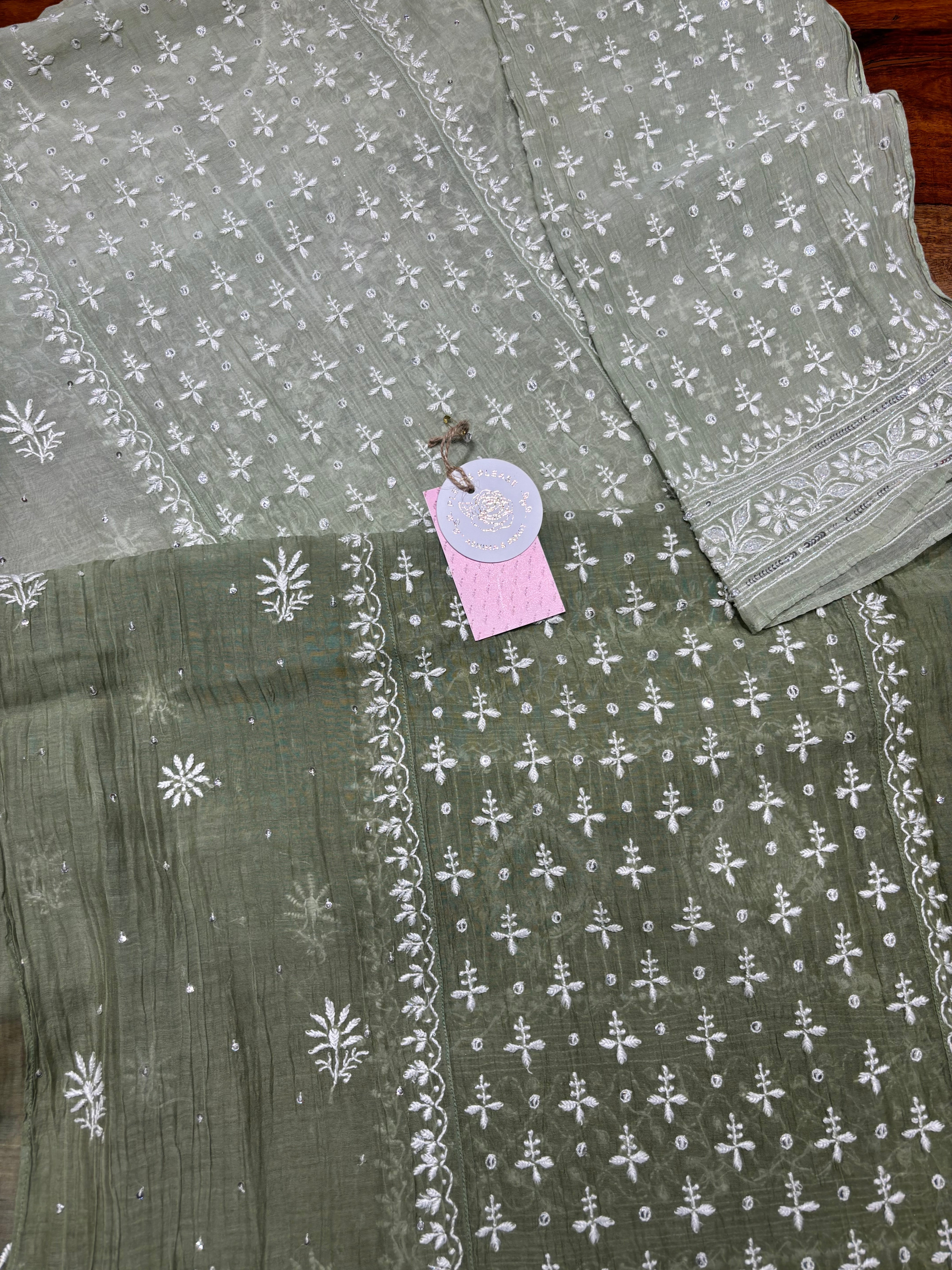 Green Ombre Chanderi Mul Chikankari kurta and Dupatta Set