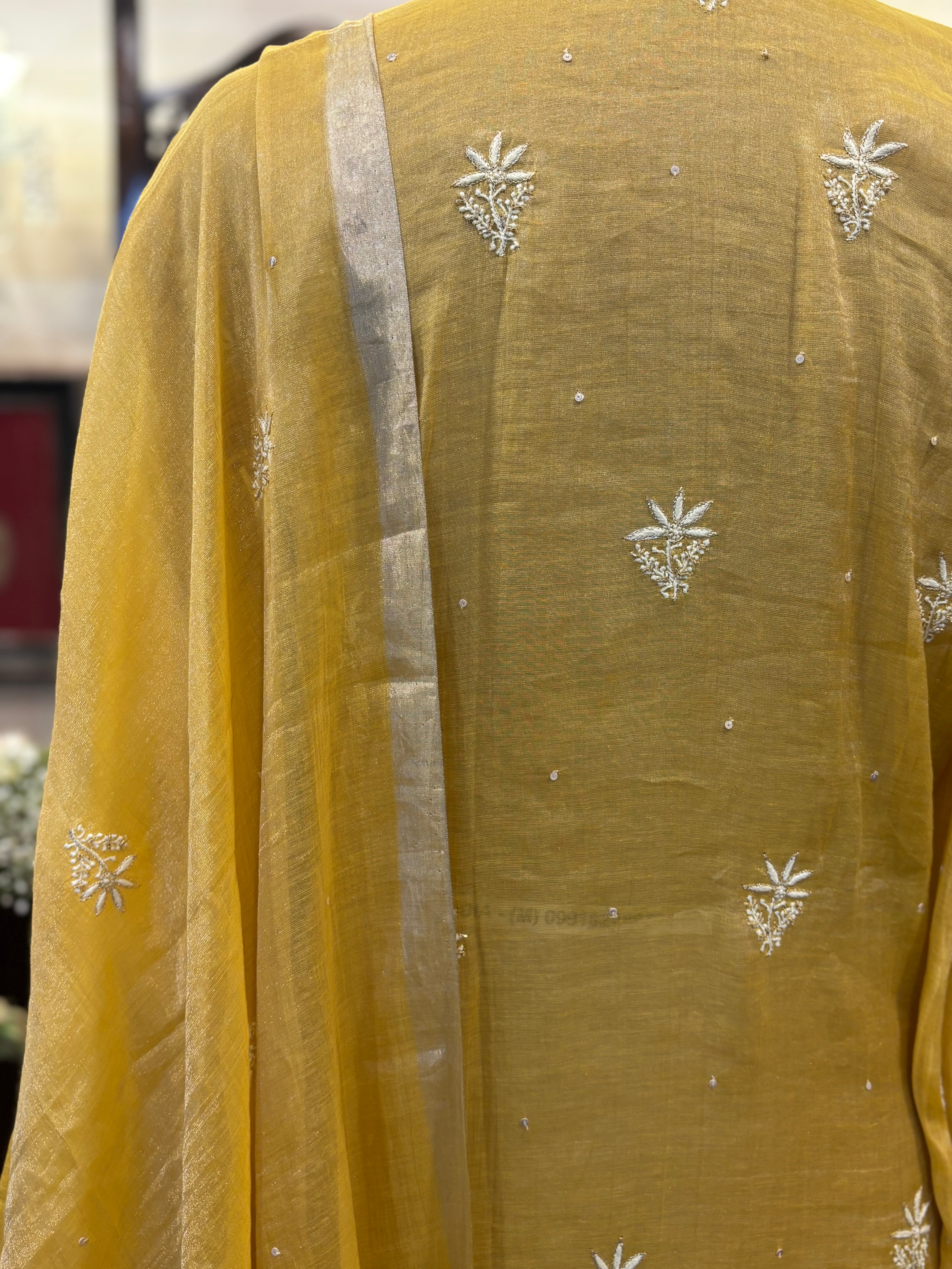 Mustard Pure & Premium Tissue Chikankari Kurta & Dupatta Set