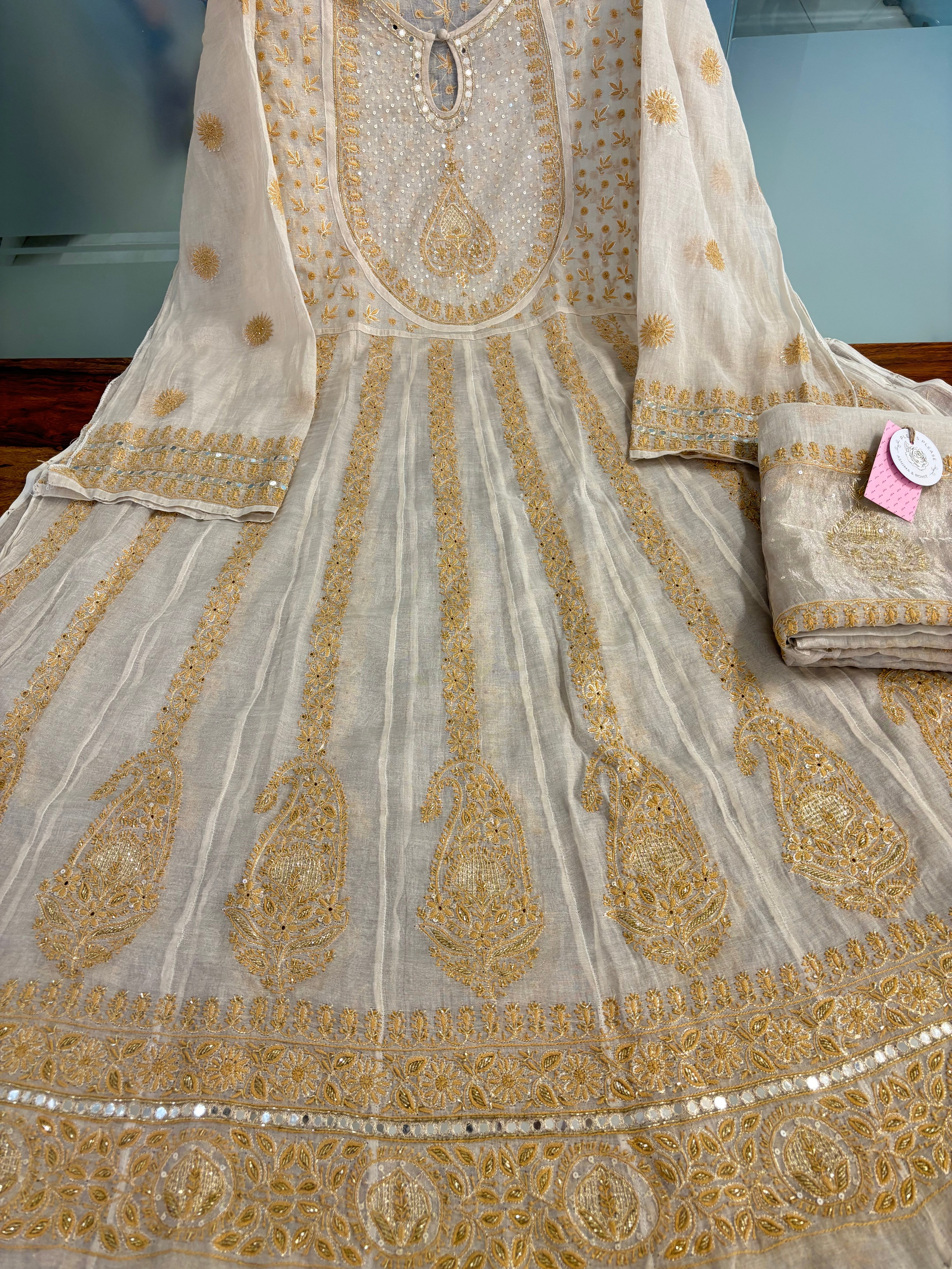Dyeable Silver Tissue Bajirao Chikankari Anarkali & Dupatta Set