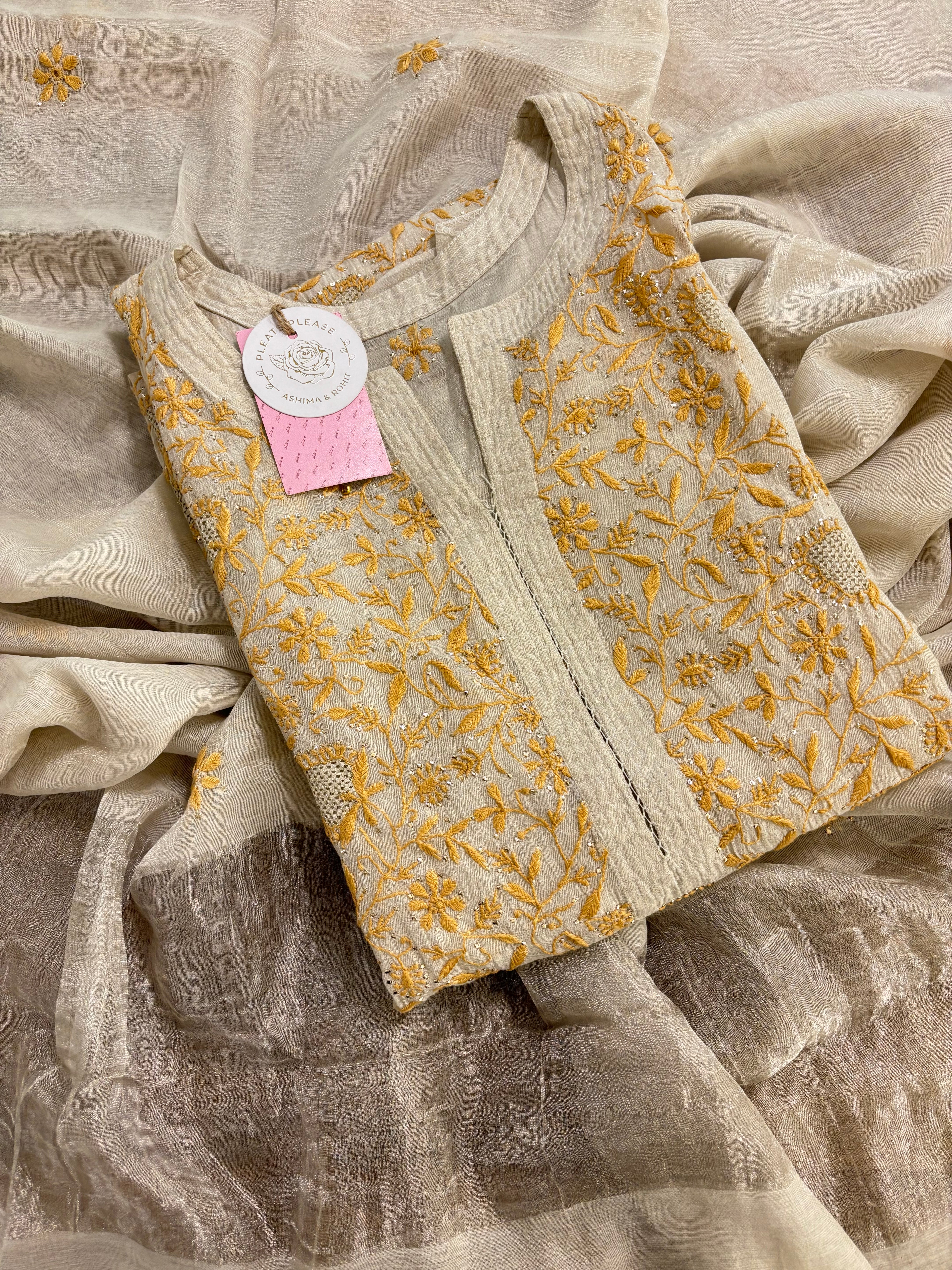 Dyeable Silver Tissue Chikankari Mukaish Kurta & Dupatta