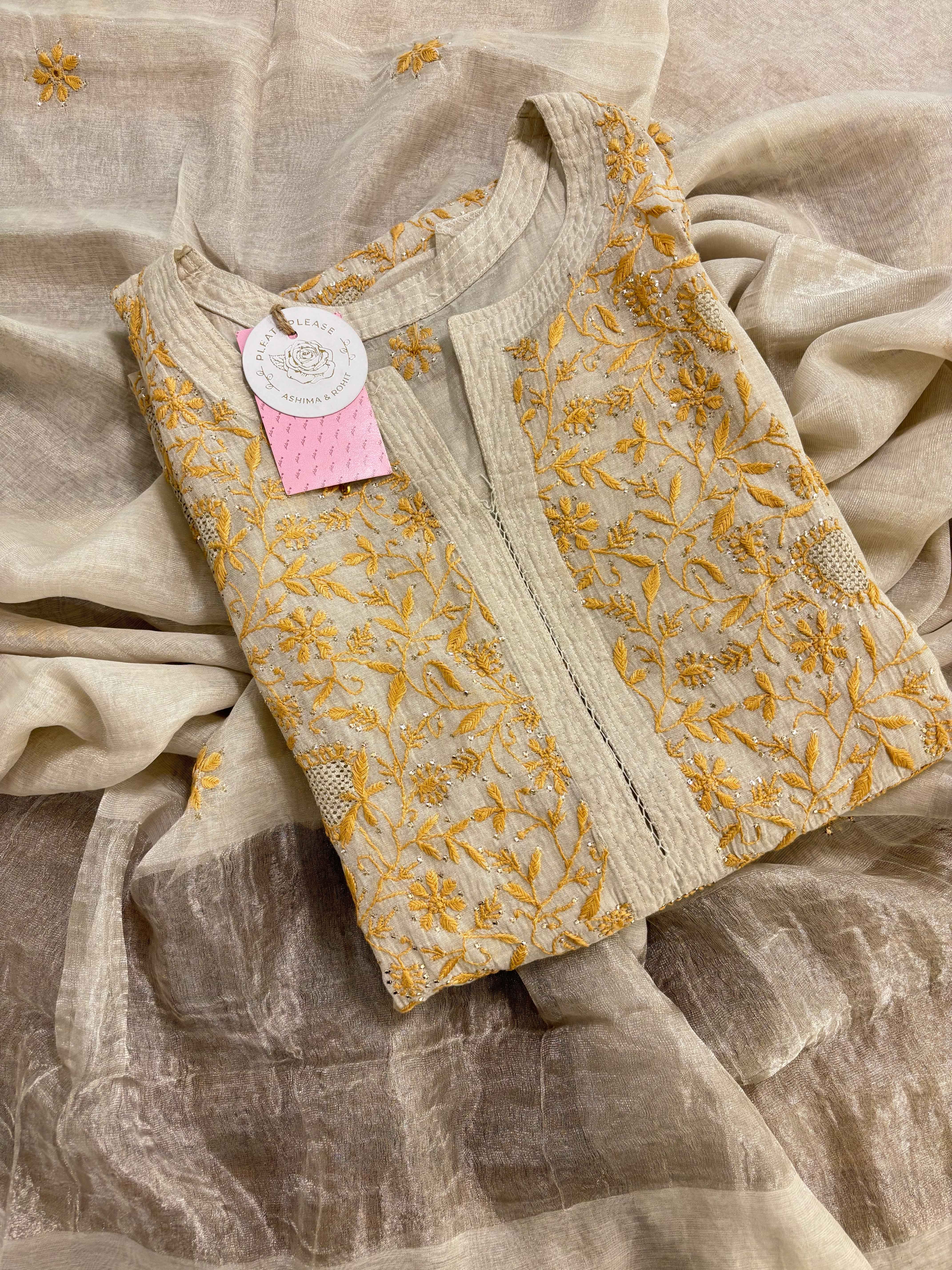 Dyeable Silver Tissue Chikankari Mukaish Kurta & Dupatta