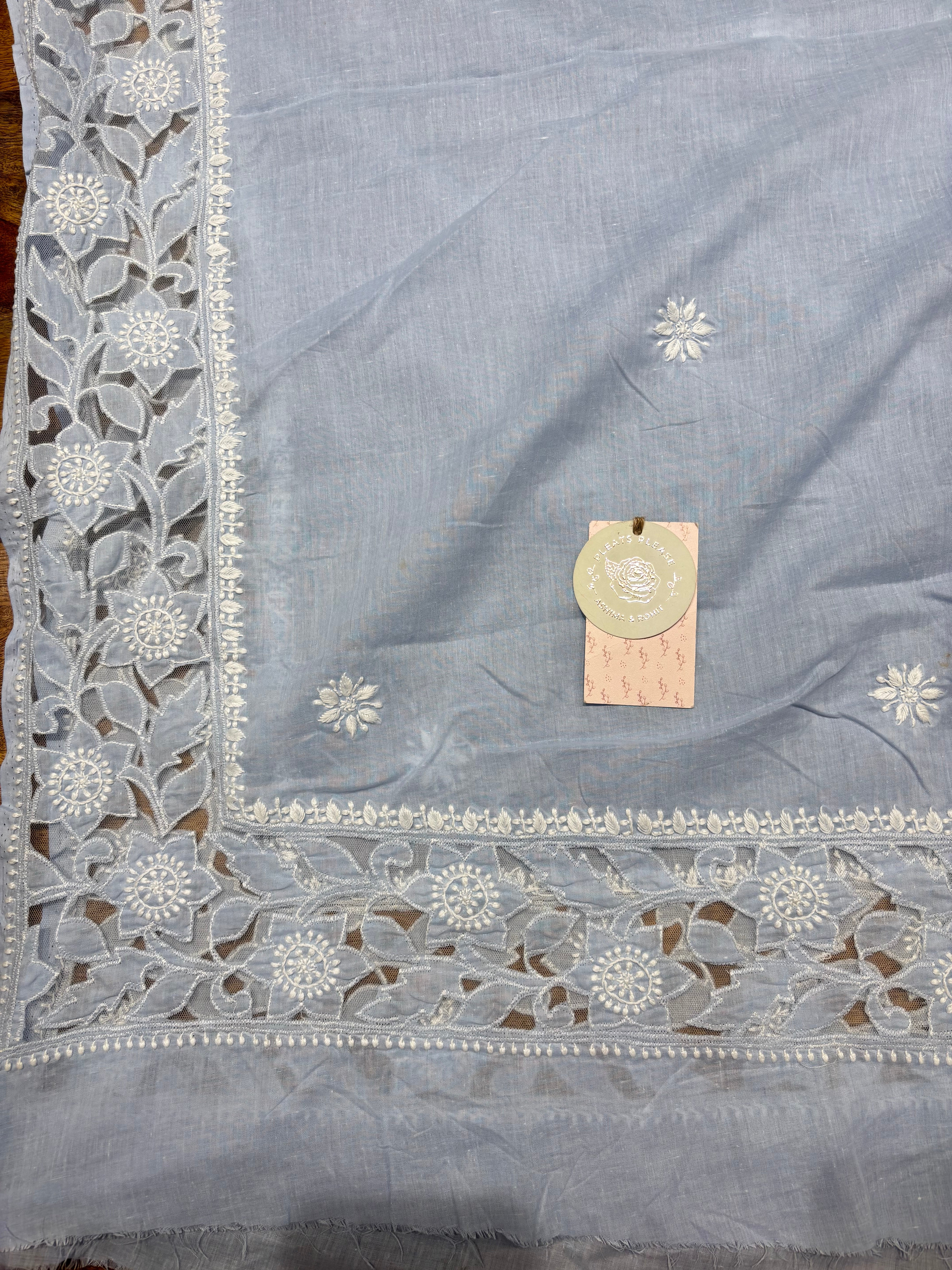 Powder Blue Mulmul Soft Net Chikankari Applique Kurta And Dupatta Fabric