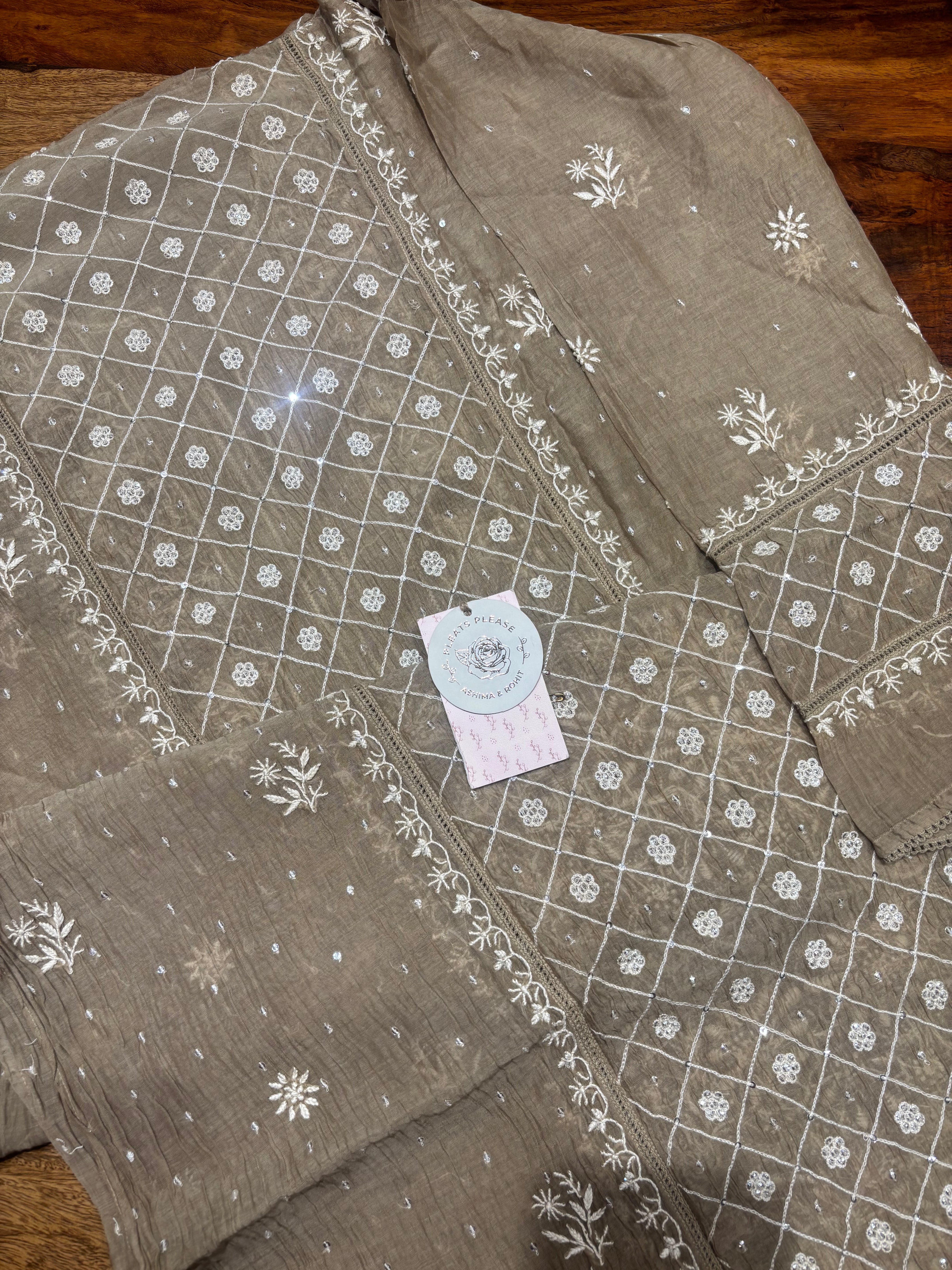 Brown Chanderi Mul Chikankari Kurta & Dupatta Set