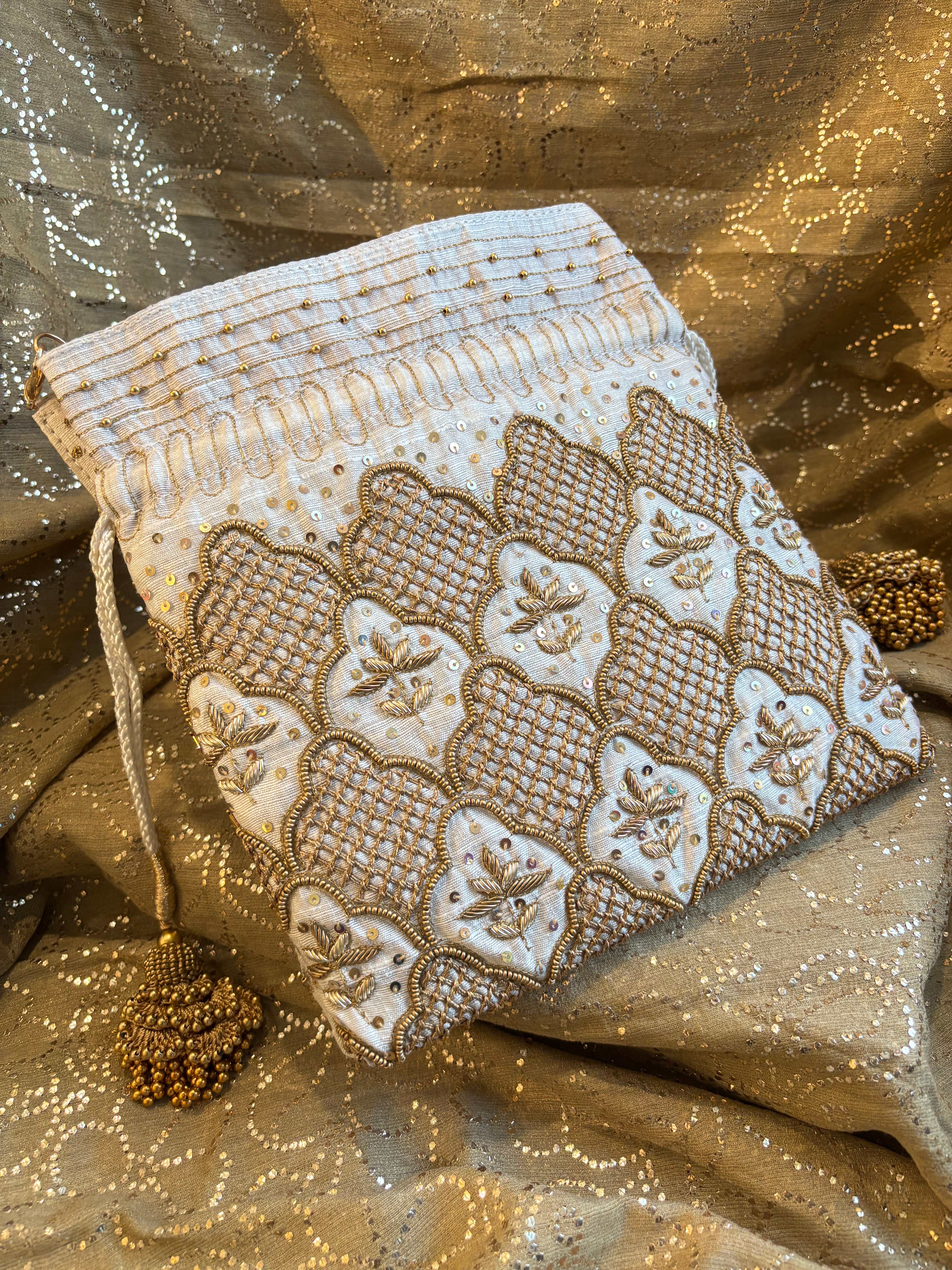Beige Zardozi Chikankari Potli