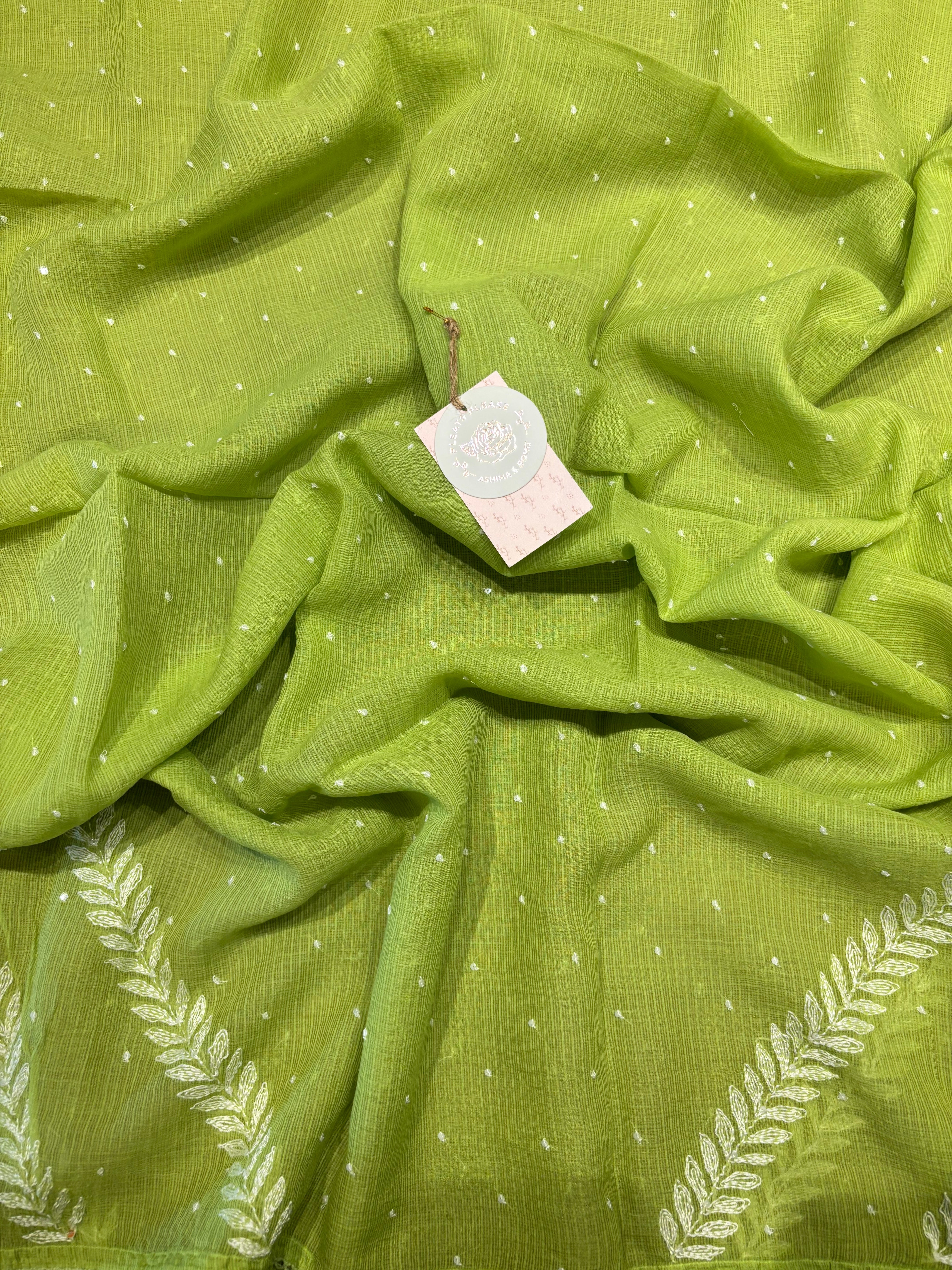 Parrot Green Kota Doria Chikankari Kurta And Dupatta Set
