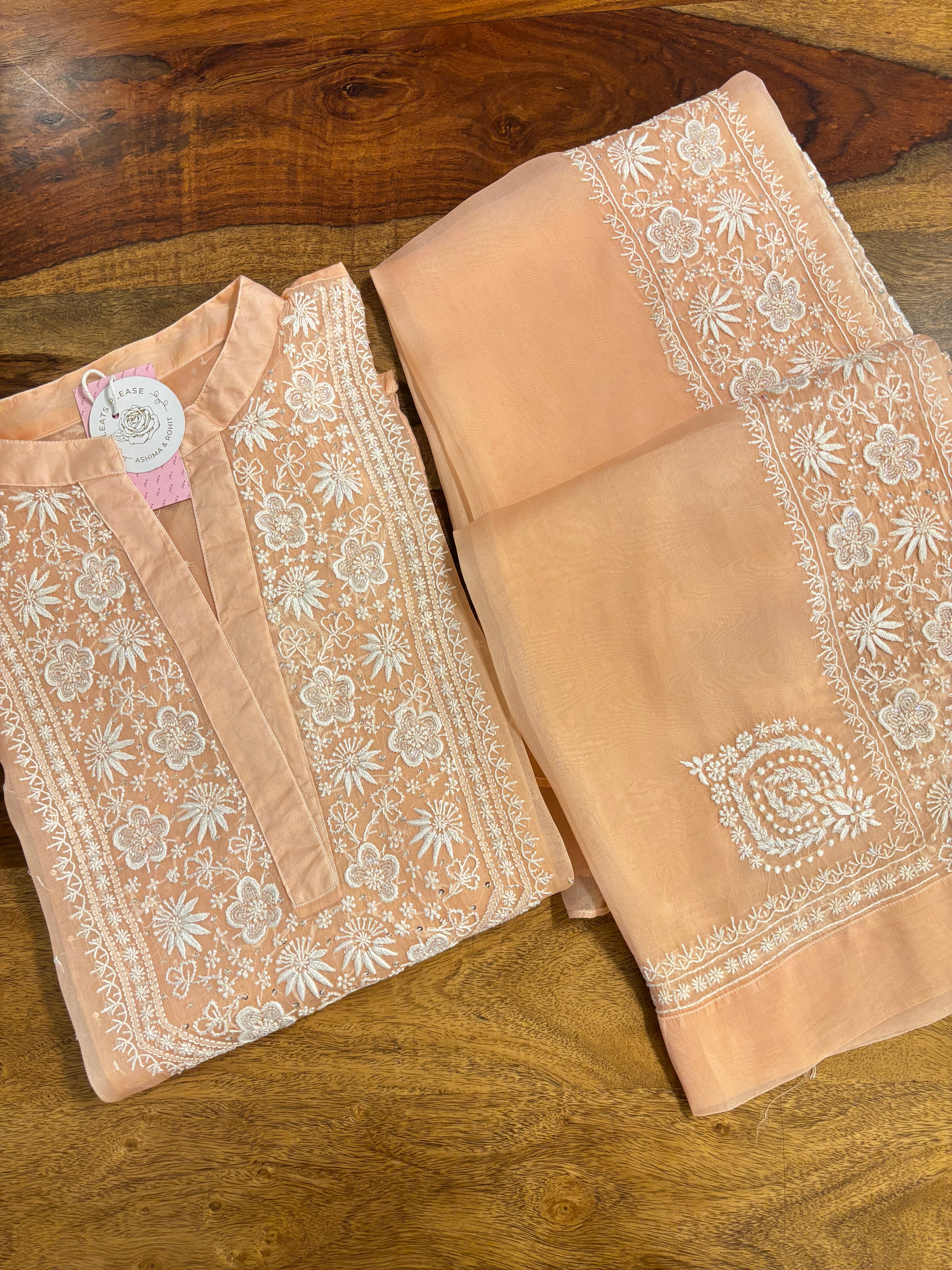 Peach Pure Organza Chikankari Co-ord Set
