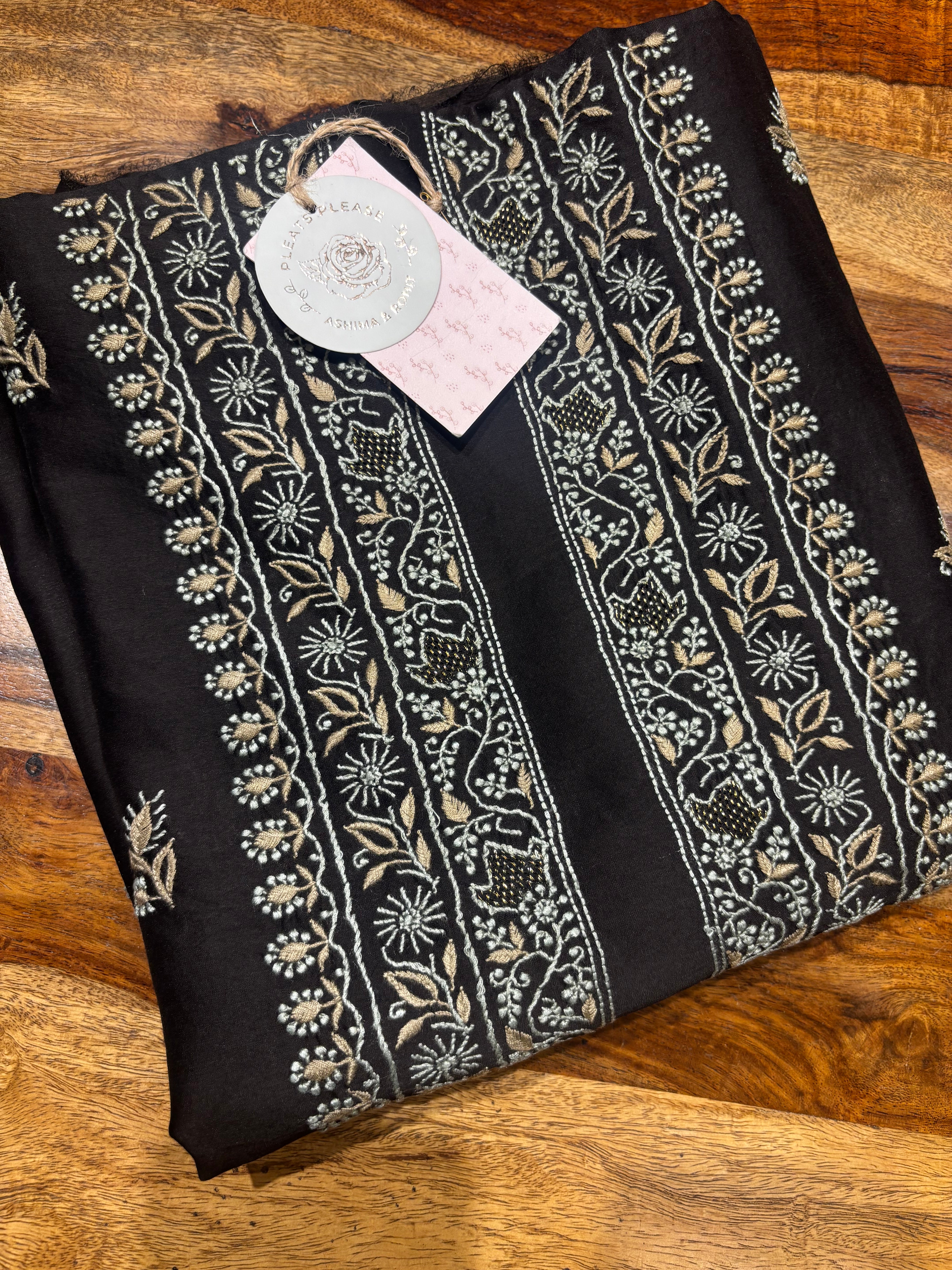 Black Chanderi Silk Chikankari Men’s Kurta Fabric