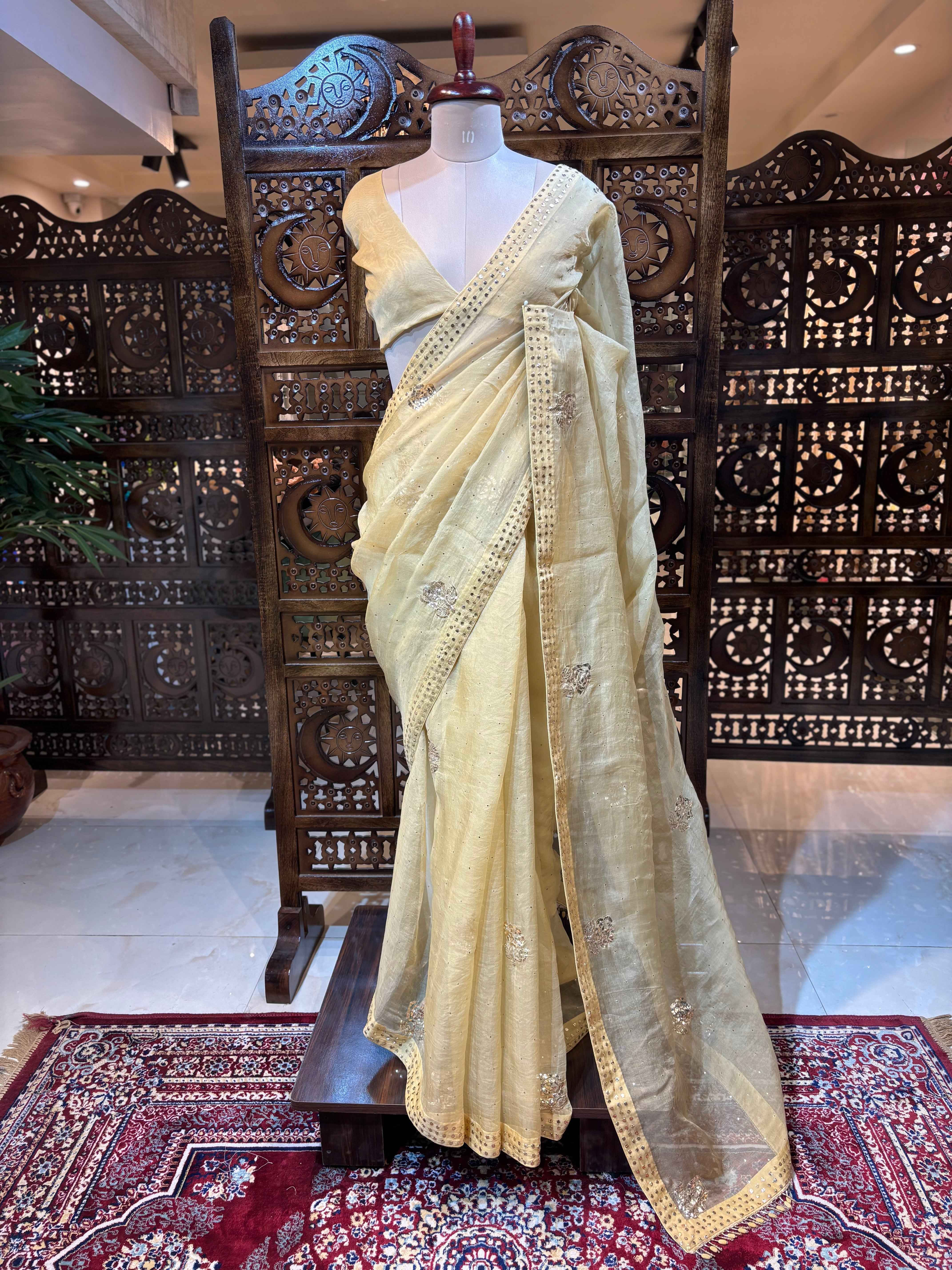 Beige Gold Organza Silk Badla Saree - Pleats PleaseChikankari