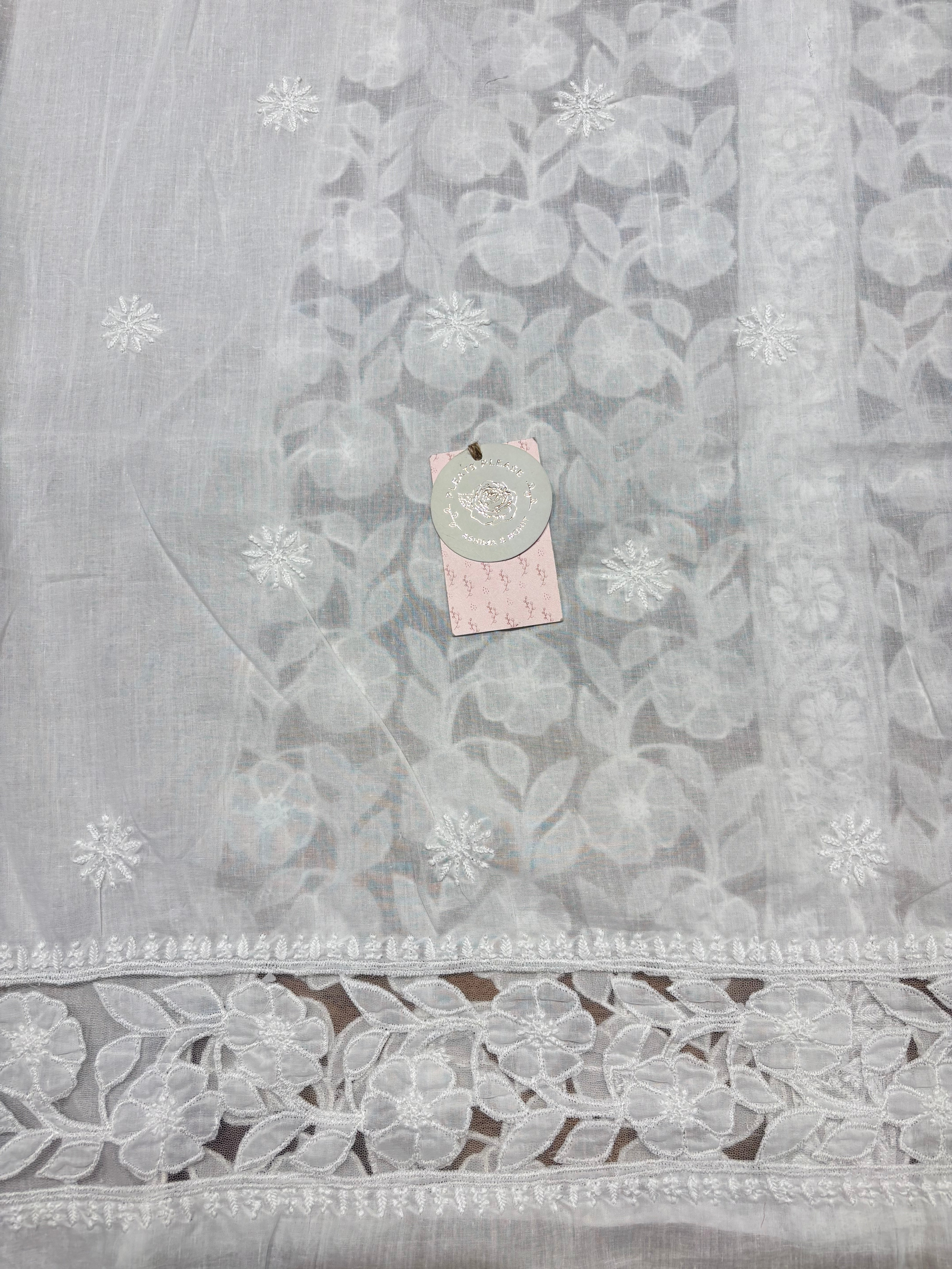 White Mulmul Soft Net Chikankari Applique Kurta And Dupatta Fabric