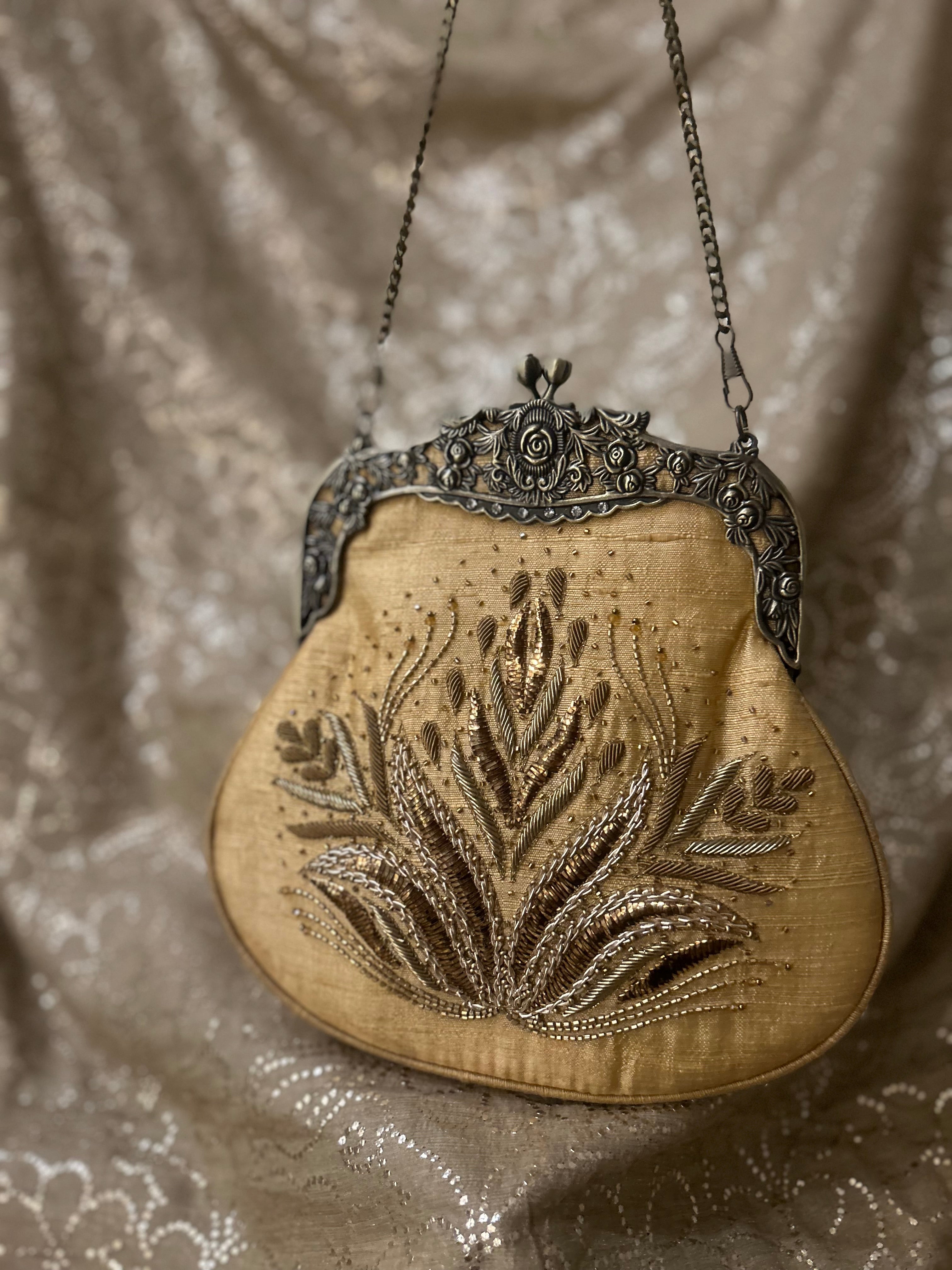 Beige Zardozi Mukaish Clutch Bag - Pleats PleaseChikankari