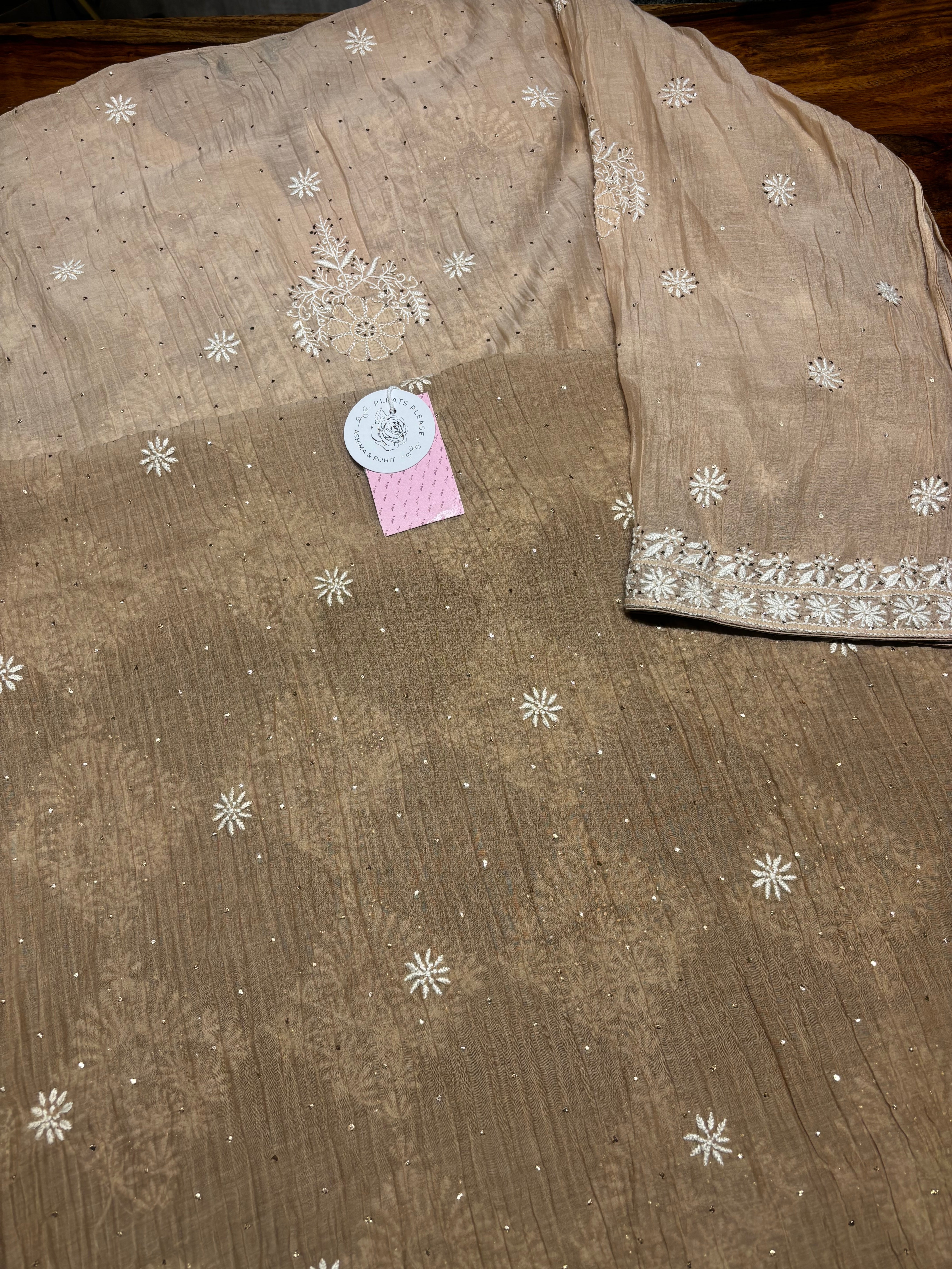 Brown Ombre Chanderi Mul Chikankari & Mukaish Kurta & Dupatta Set