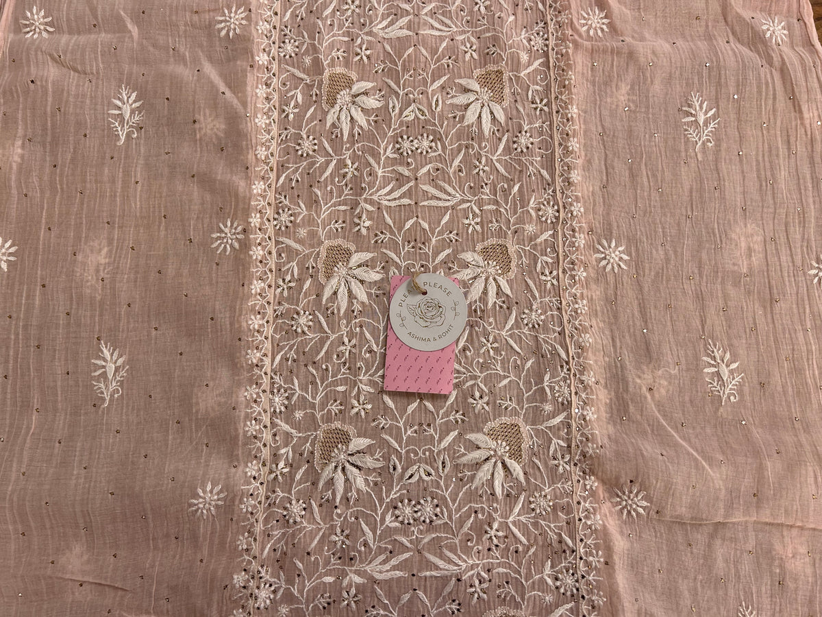 Pastel Peach Chanderi Mul Chikankari Mukaish Kurta & Dupatta