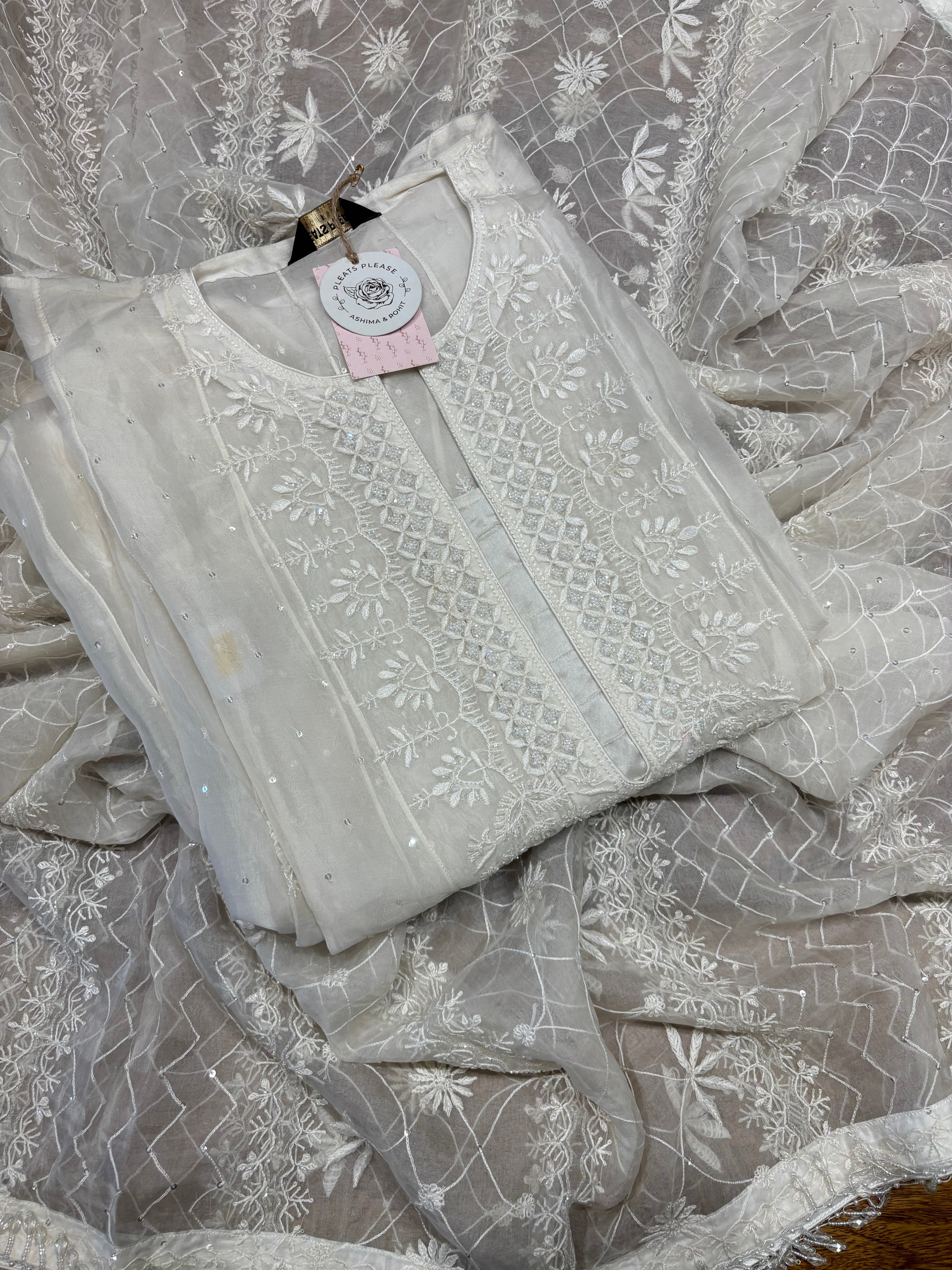Dyeable Pure Organza Silk Chikankari Anarkali and Dupatta set