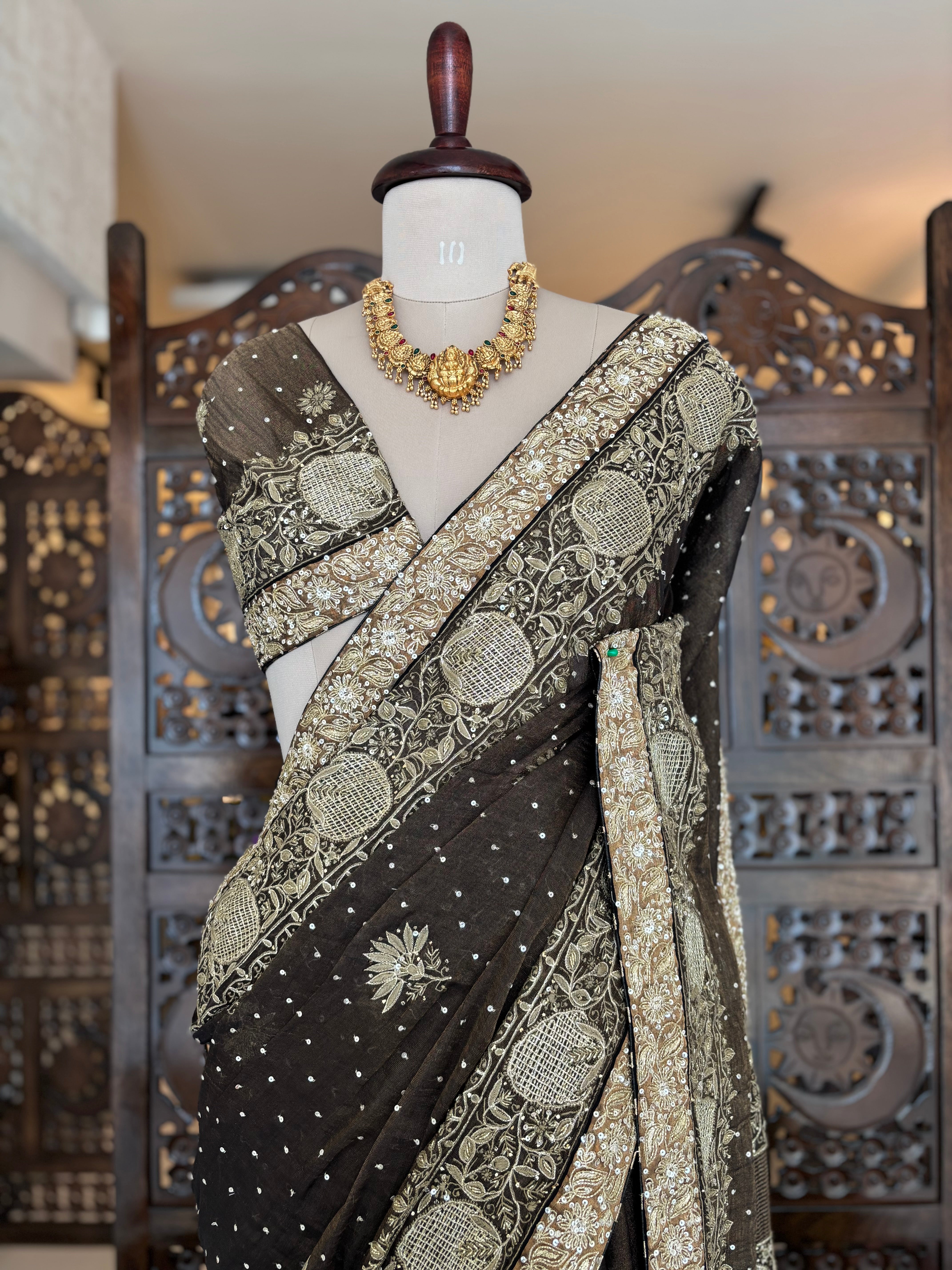 Black Pure and Premium Tissue Chikankari Saree and Blouse - Pleats PleaseChikankari