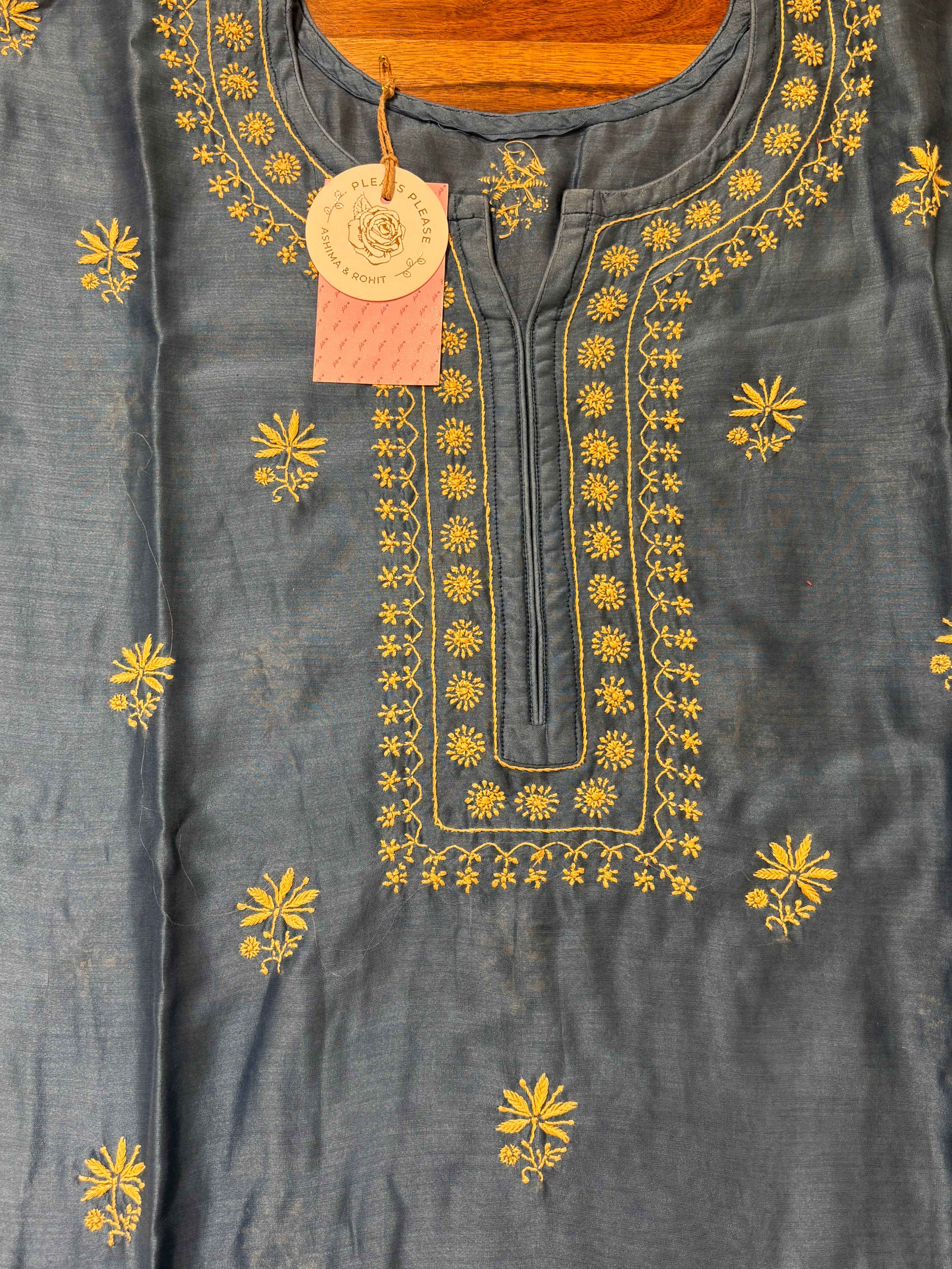Steel Blue Chanderi Silk Chikankari Kurta & Organza Dupatta With Bottom