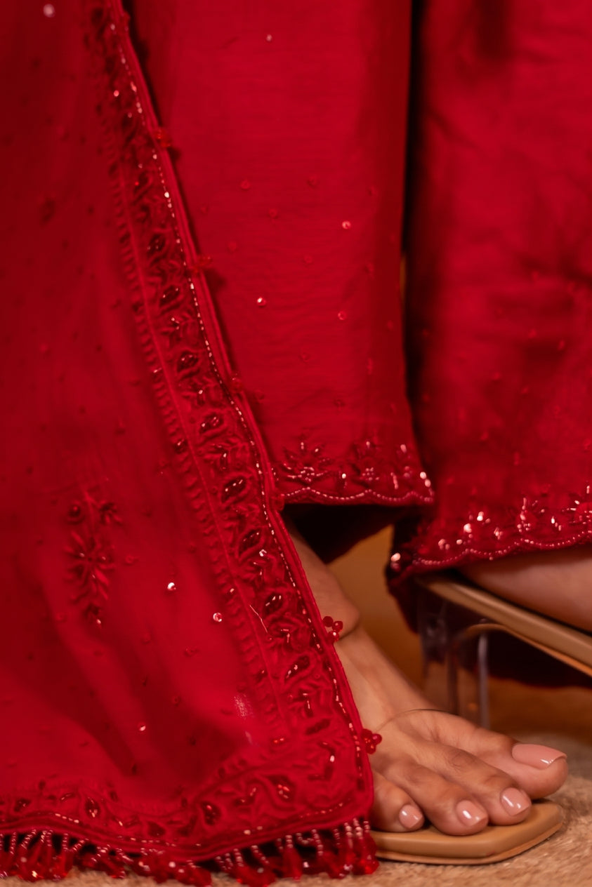 Deep Red Pure & Premium Georgette Chikankari Kurta, Dupatta With Bottom
