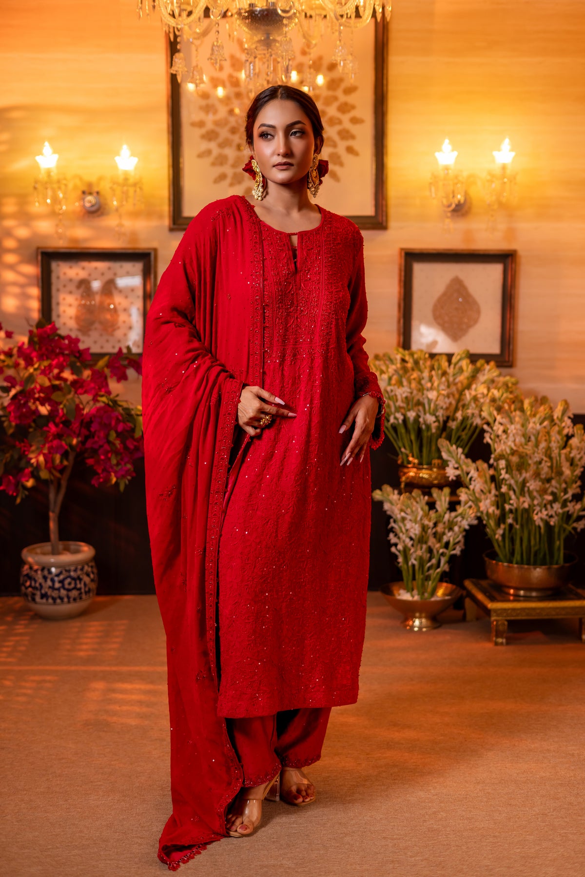 Deep Red Pure & Premium Georgette Chikankari Kurta, Dupatta With Bottom
