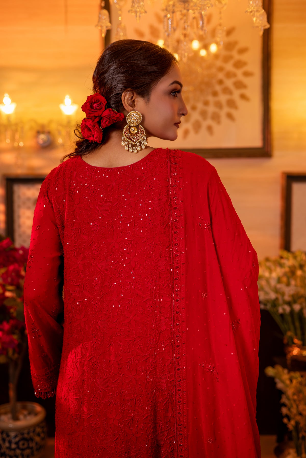 Deep Red Pure & Premium Georgette Chikankari Kurta, Dupatta With Bottom